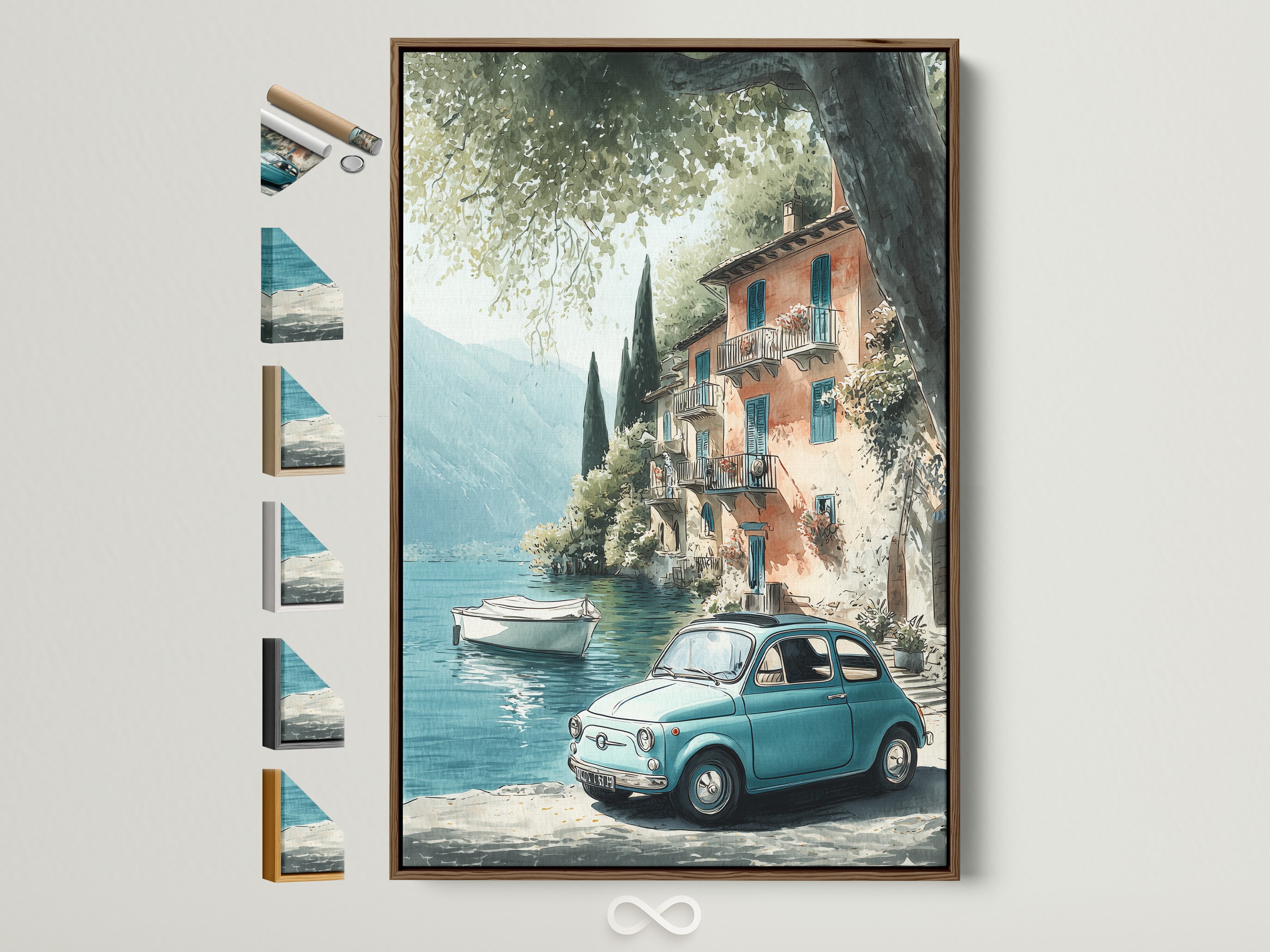 Stampa artistica vintage della costa italiana - Scena di lago mediterraneo, decorazione murale di auto d'epoca, poster di viaggio retrò, arte di un villaggio europeo