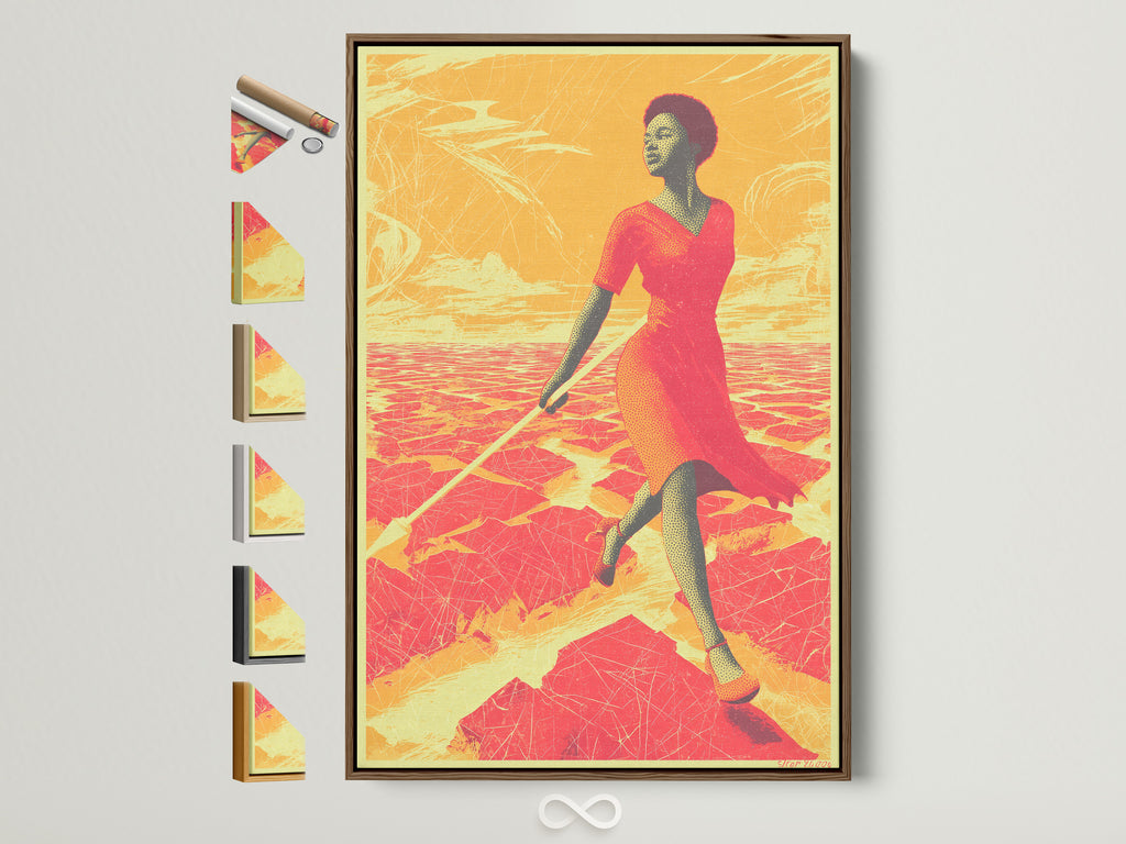 Explore framed African Woman Art Print. See all frame options on the side. The artwork features a desert sunset canvas. It's a contemporary figure painting. Ideal for bedroom decor and adds modern sophistication.