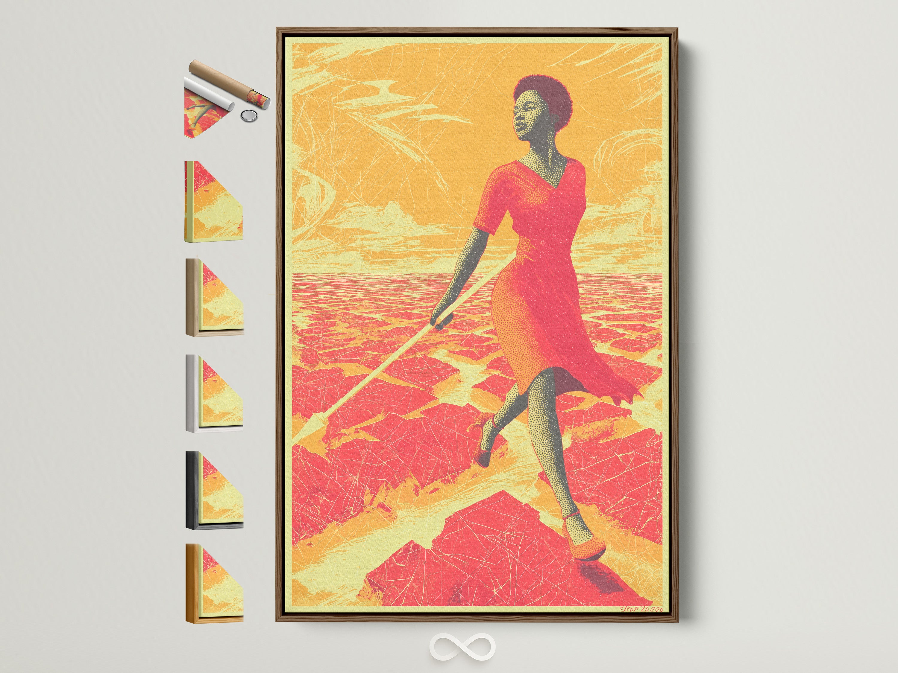 Explore framed African Woman Art Print. See all frame options on the side. The artwork features a desert sunset canvas. It's a contemporary figure painting. Ideal for bedroom decor and adds modern sophistication.