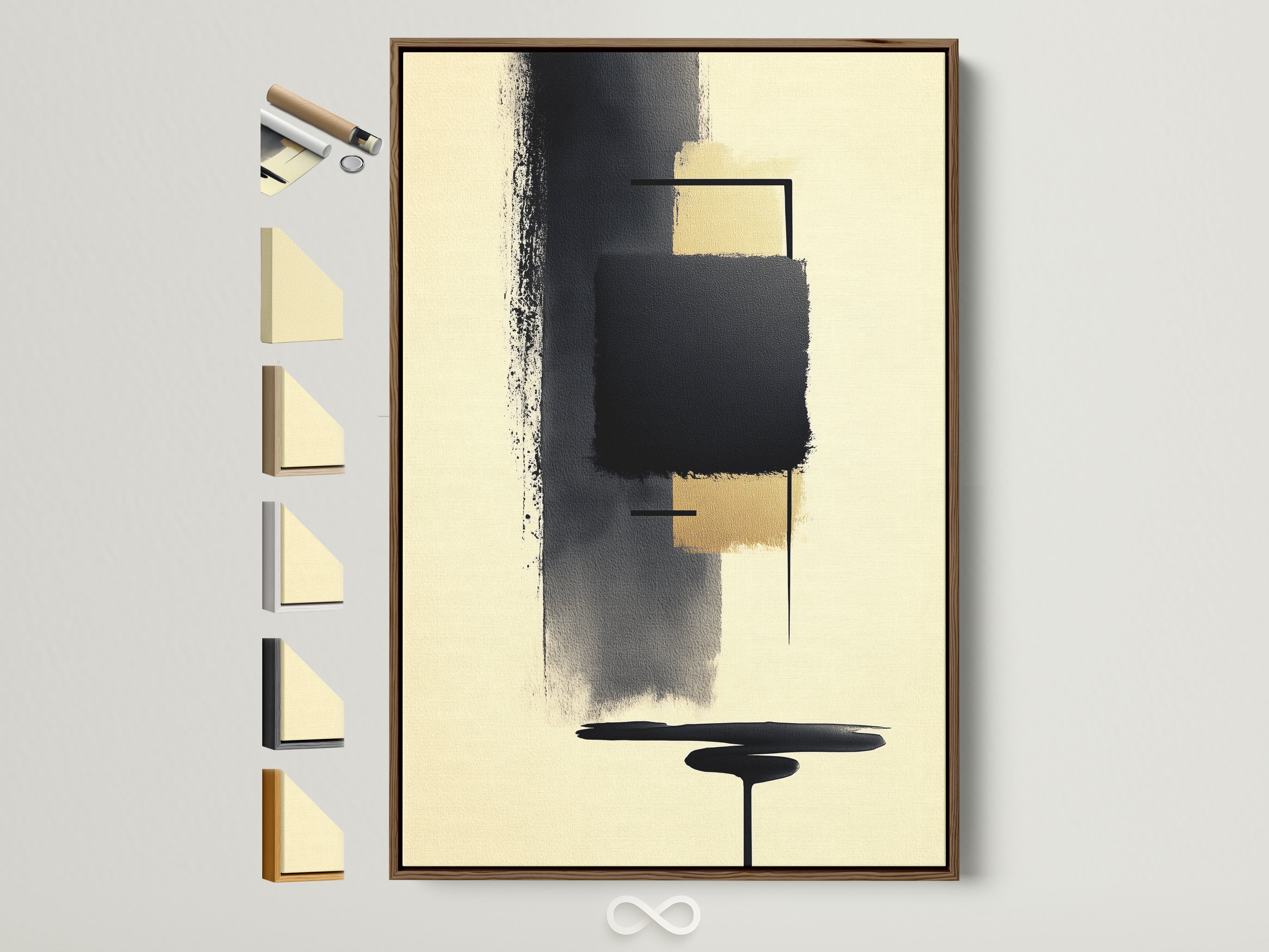 Abstract Shapes Canvas Artwork with a brown frame. This modern geometric artwork features beige and black colors. See all available frame options. Ideal for office decor or modern home art. Minimalist and contemporary art that elevates any space. Perfect for living rooms bedrooms lobbies and co-working spaces.