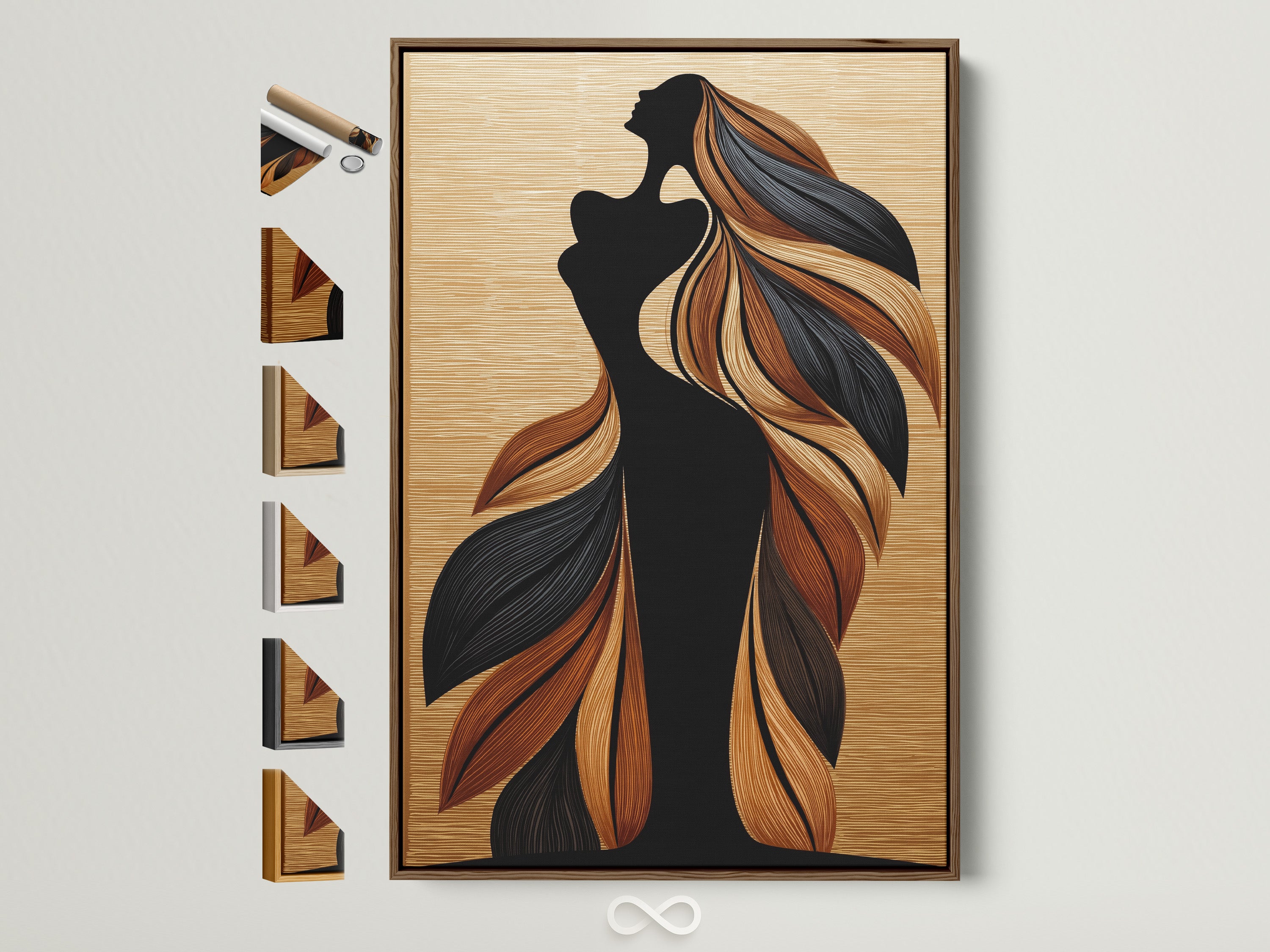 Brown frame showcases a captivating woman silhouette art print. The artwork features flowing hair and bohemian figure elements. Frame options displayed on the side offer customization. This piece adds a touch of modern elegance to any room. Perfect for boho chic or minimalist interiors.