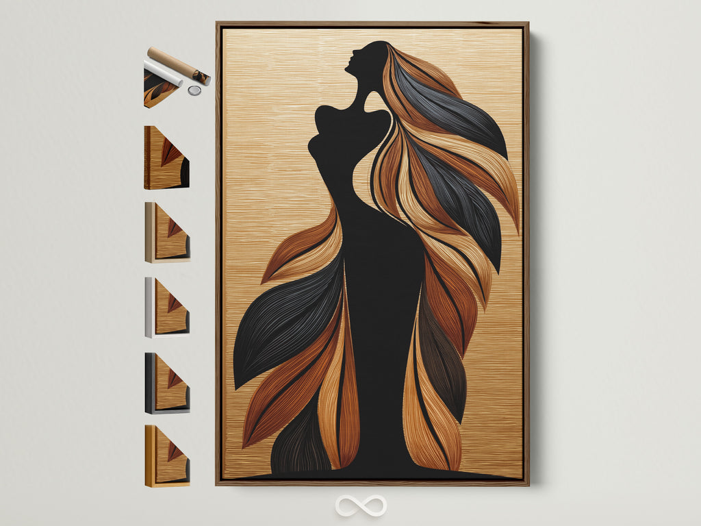 Brown frame showcases a captivating woman silhouette art print. The artwork features flowing hair and bohemian figure elements. Frame options displayed on the side offer customization. This piece adds a touch of modern elegance to any room. Perfect for boho chic or minimalist interiors.