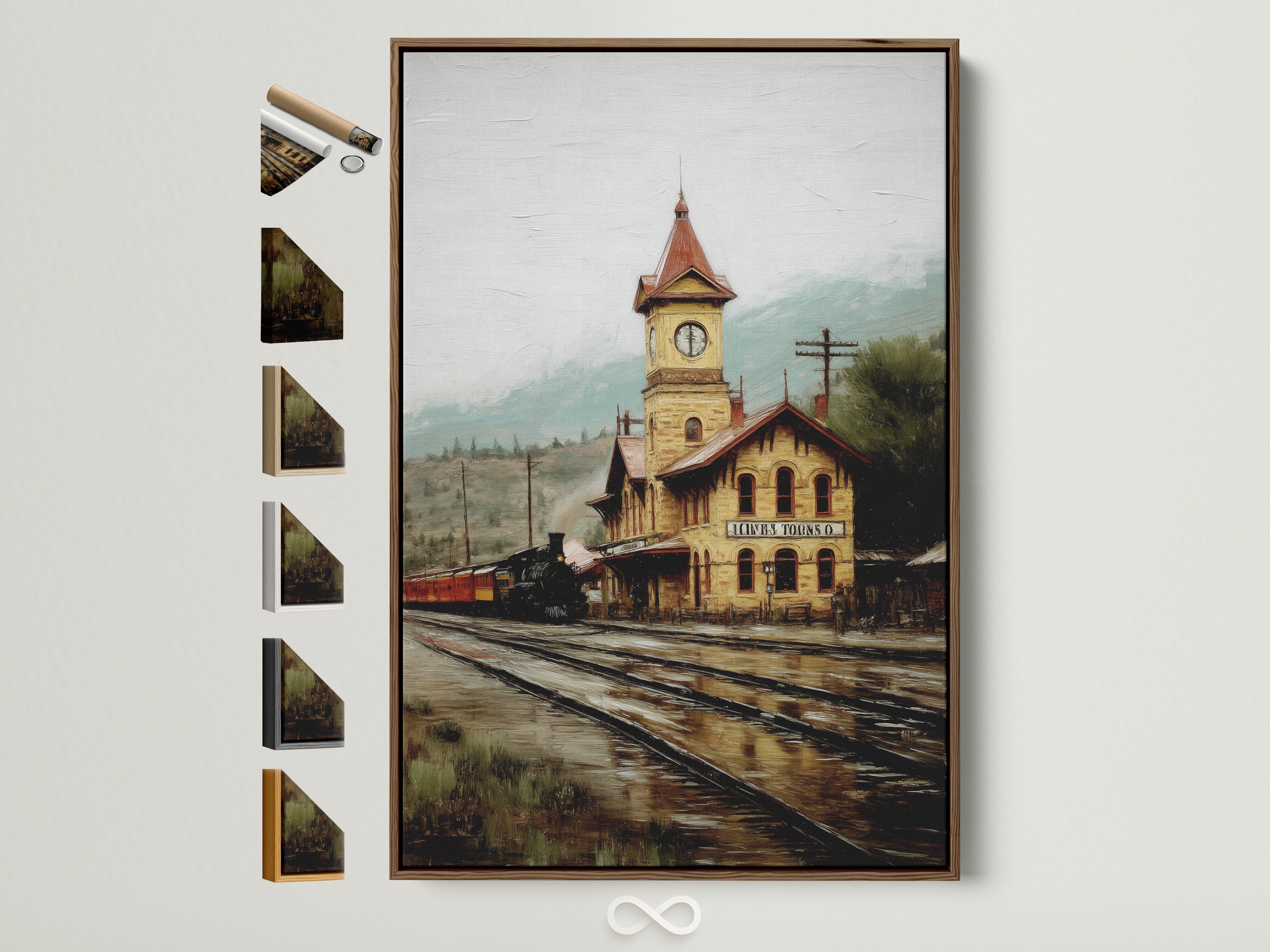 Vintage train station artwork with a brown frame. This antique architecture poster adds rustic charm to any office or home. The brown frame complements the sepia tones. Explore our framed art options to enhance your space with timeless railway wall art. Perfect for history enthusiasts and vintage decor lovers.