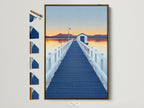 Elevate your space with dock sunset artwork. See a blue pier wall art print in a brown frame. Explore frame options to match your coastal scenery photography. Add a touch of nature artwork to your home decor.