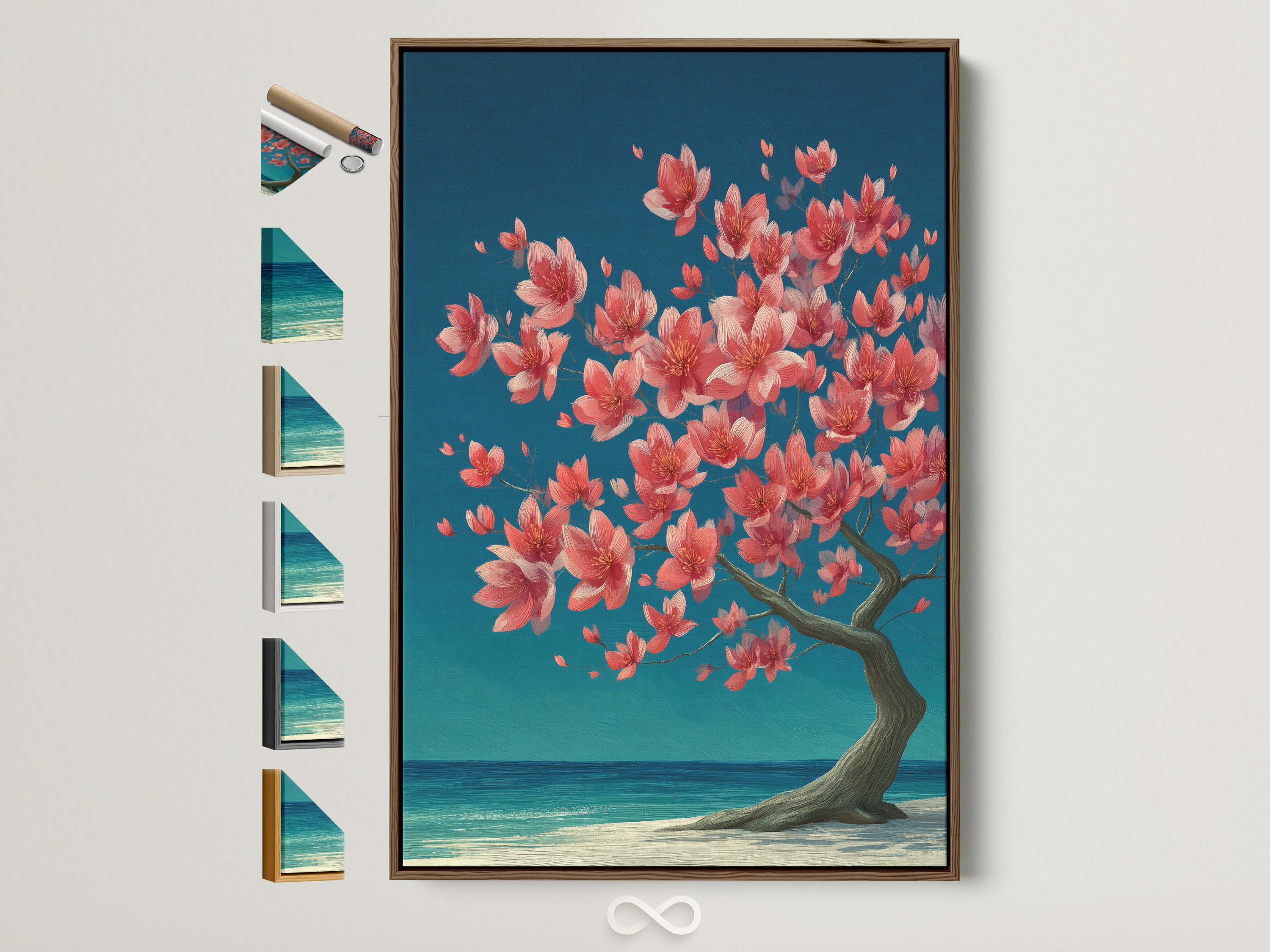 Explore framing choices for your cherry blossom tree artwork. This brown frame is displayed alongside other frame color samples. Find the perfect match to enhance your coastal or tropical themed space and artwork.