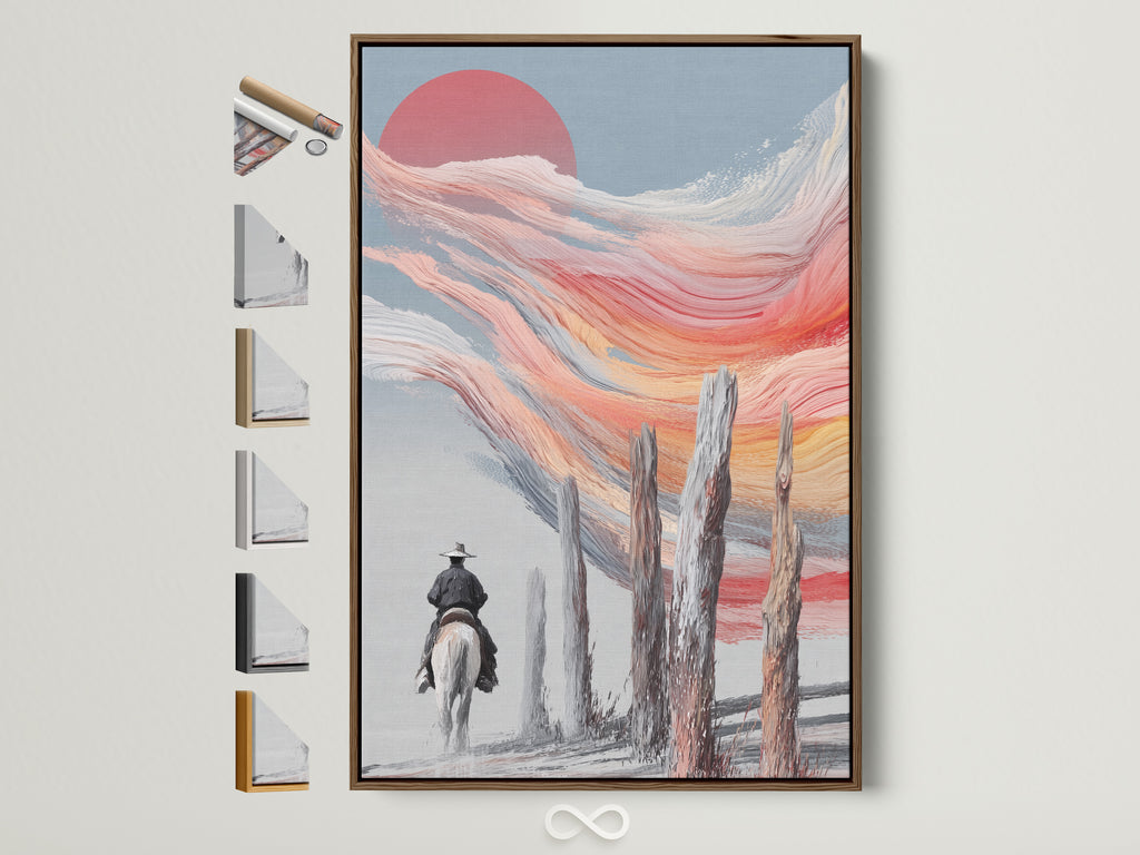 Rustic cowboy sunset artwork in a brown frame. The art piece shows a lone rider at sunset. See all frame options to enhance your western decor. Perfect for home or office spaces.