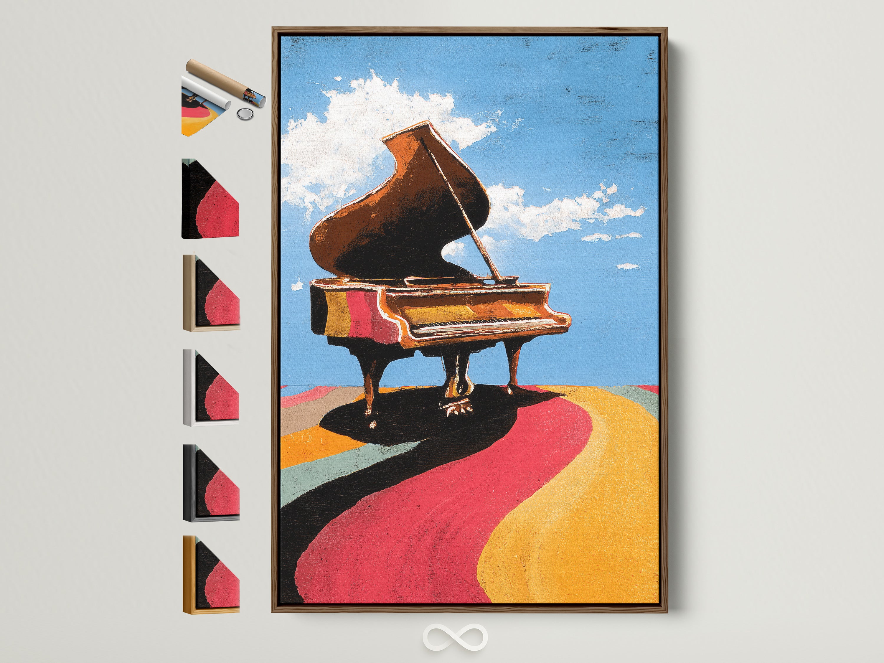 A vibrant piano artwork is displayed in a brown frame. This modern piece adds a pop of color to any room. See all frame options available for this unique artwork. Perfect for music lovers and modern home decor. Elevate your space with this eye-catching print.