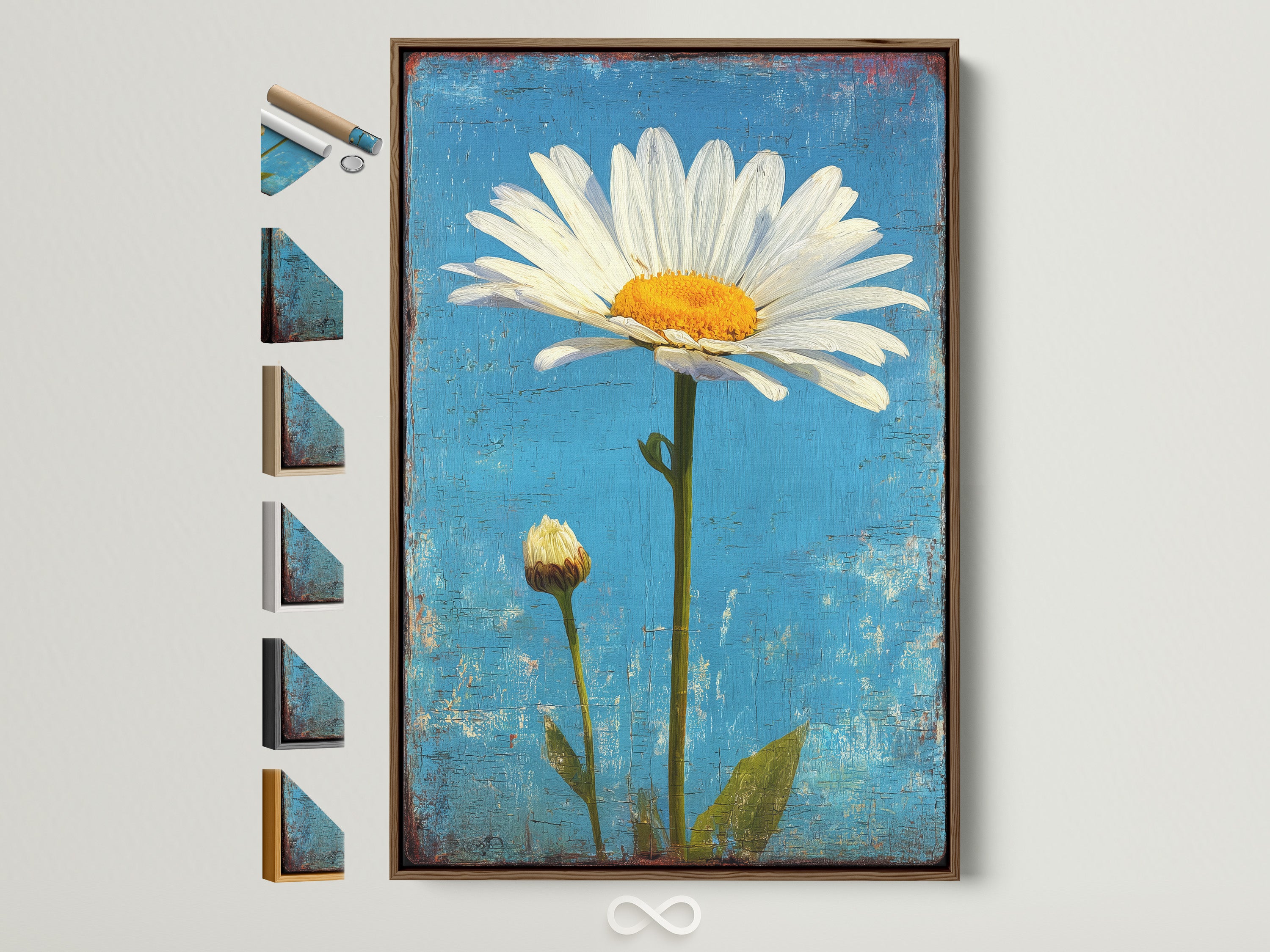 Artwork of a white daisy with a bud on a blue textured background. A brown frame surrounds the art. Additional frame options are displayed on the side. Enhance your space with this floral art piece.
