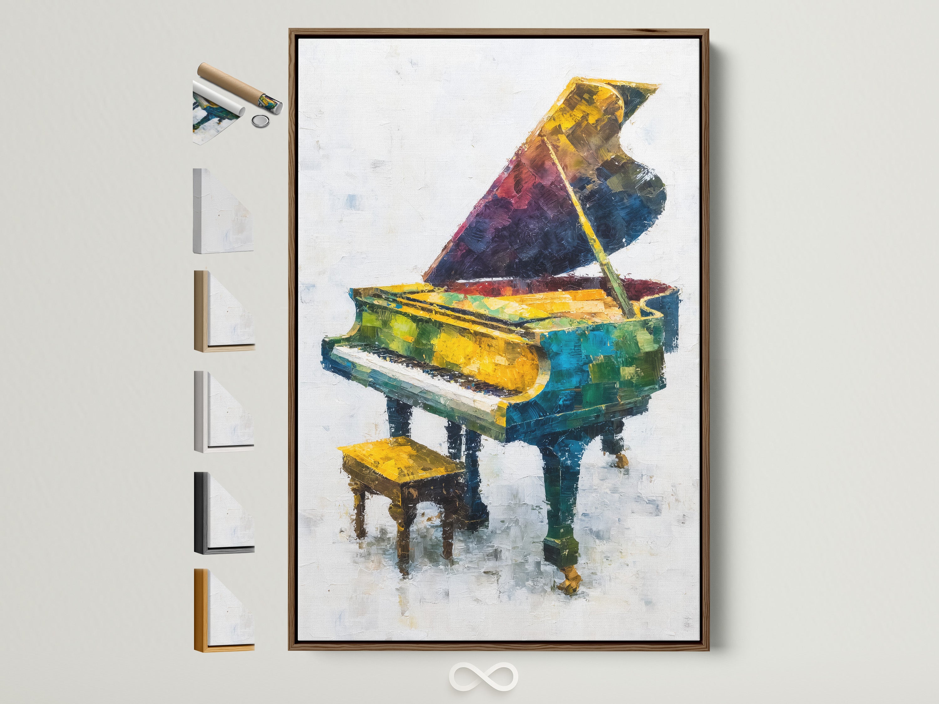 A colorful piano artwork is displayed in a brown frame. This vibrant grand piano poster adds a touch of music to any room. Discover frame options for this abstract music canvas wall art. Perfect for music lovers and modern wall art enthusiasts seeking unique decor.