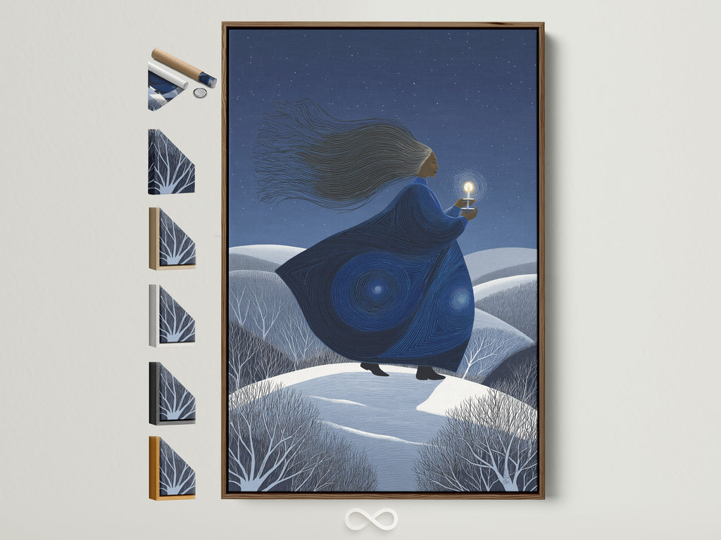 Mystical Woman canvas print in a brown frame. See all frame options. This ethereal figure art features a woman with a lantern. The blue starry night wall art elevates bedroom decor. Find fantasy canvas prints and celestial wall decor.