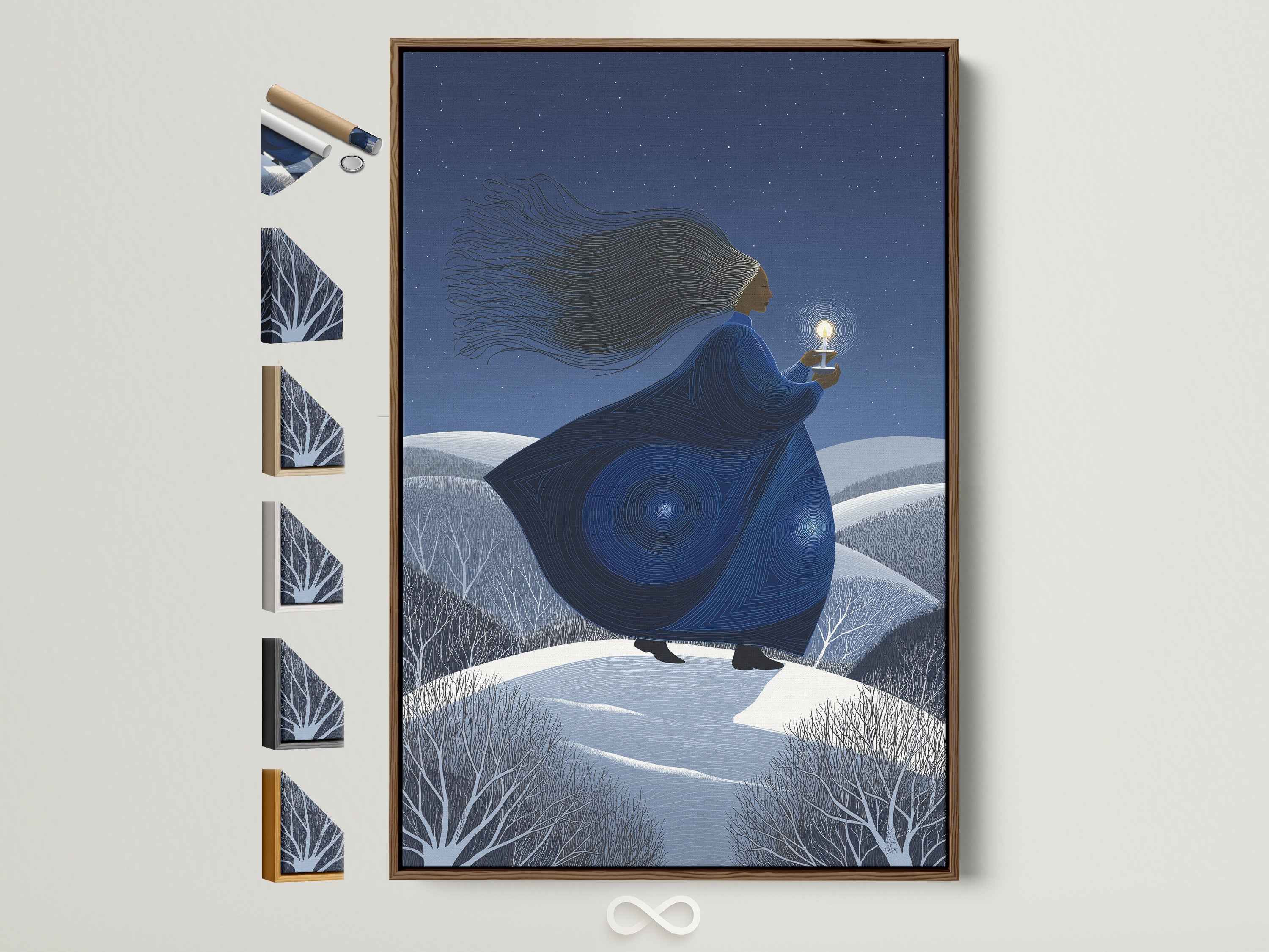 Mystical Woman canvas print in a brown frame. See all frame options. This ethereal figure art features a woman with a lantern. The blue starry night wall art elevates bedroom decor. Find fantasy canvas prints and celestial wall decor.