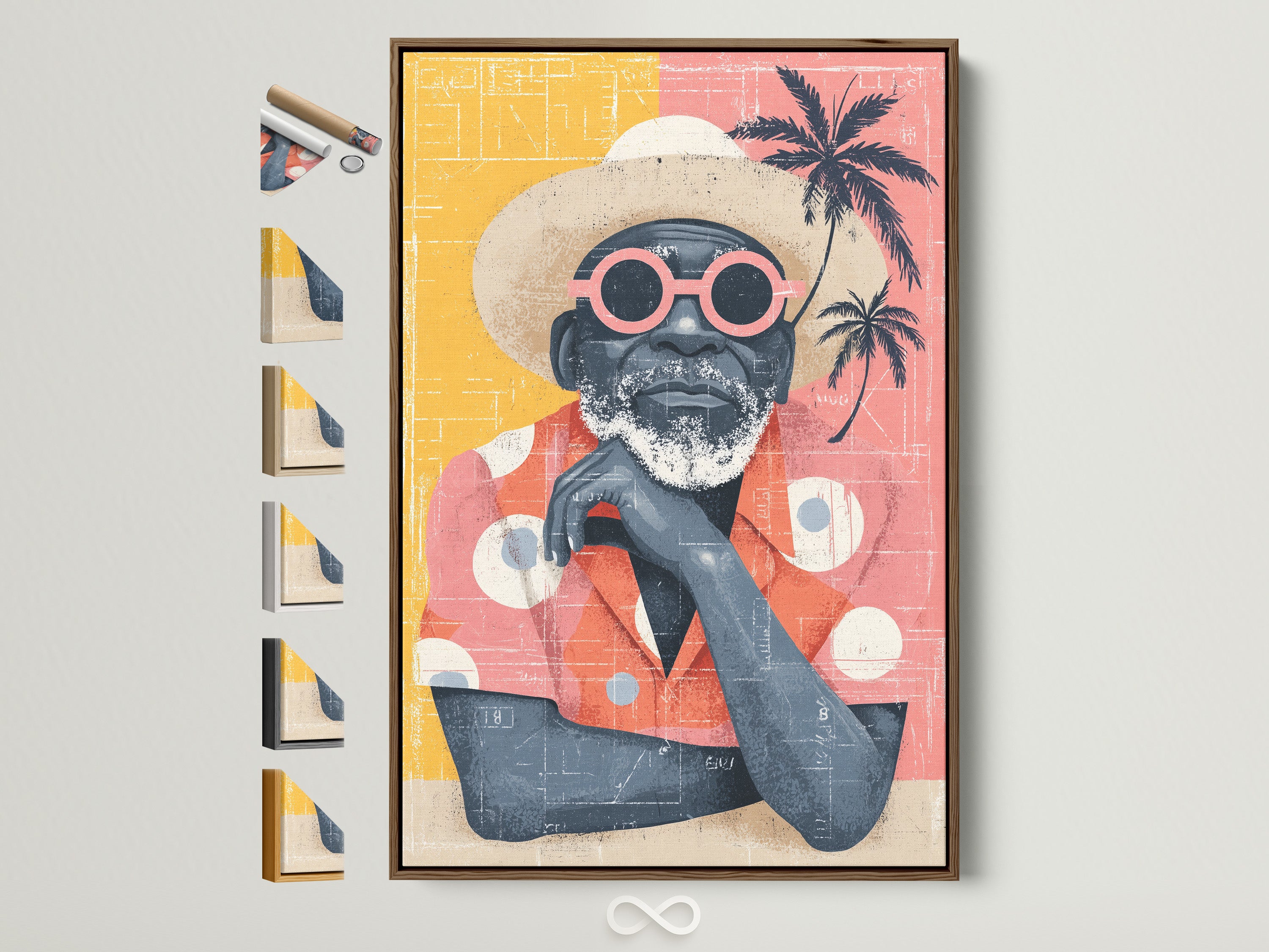 Retro beach man art print in a brown frame. See all available frame options here. This coastal wall art features a man in sunglasses and a tropical shirt. The artwork adds a vintage summer vibe to any room. Perfect for coastal and tropical decor styles.