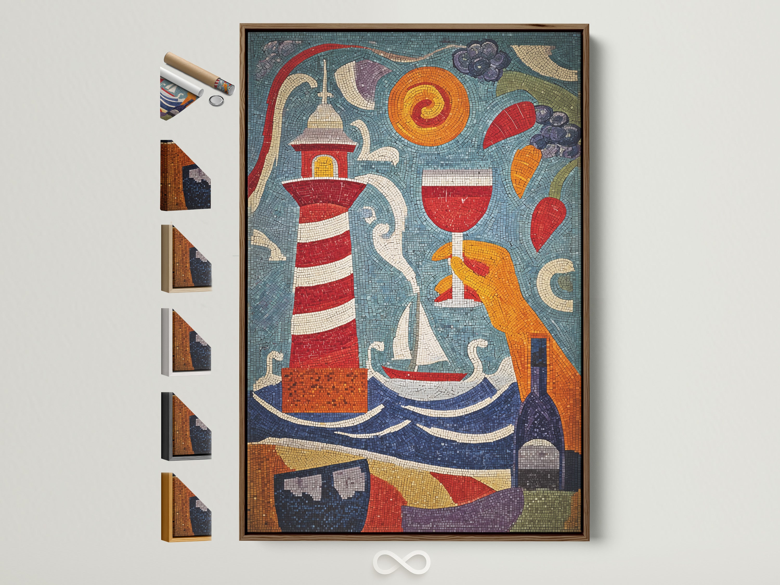 Nautical Mosaic Art Print in a brown frame. It shows all the frame options available. This lighthouse maritime wall decor brings coastal charm. The art is ideal for seaside decor. It is perfect for eclectic themes.