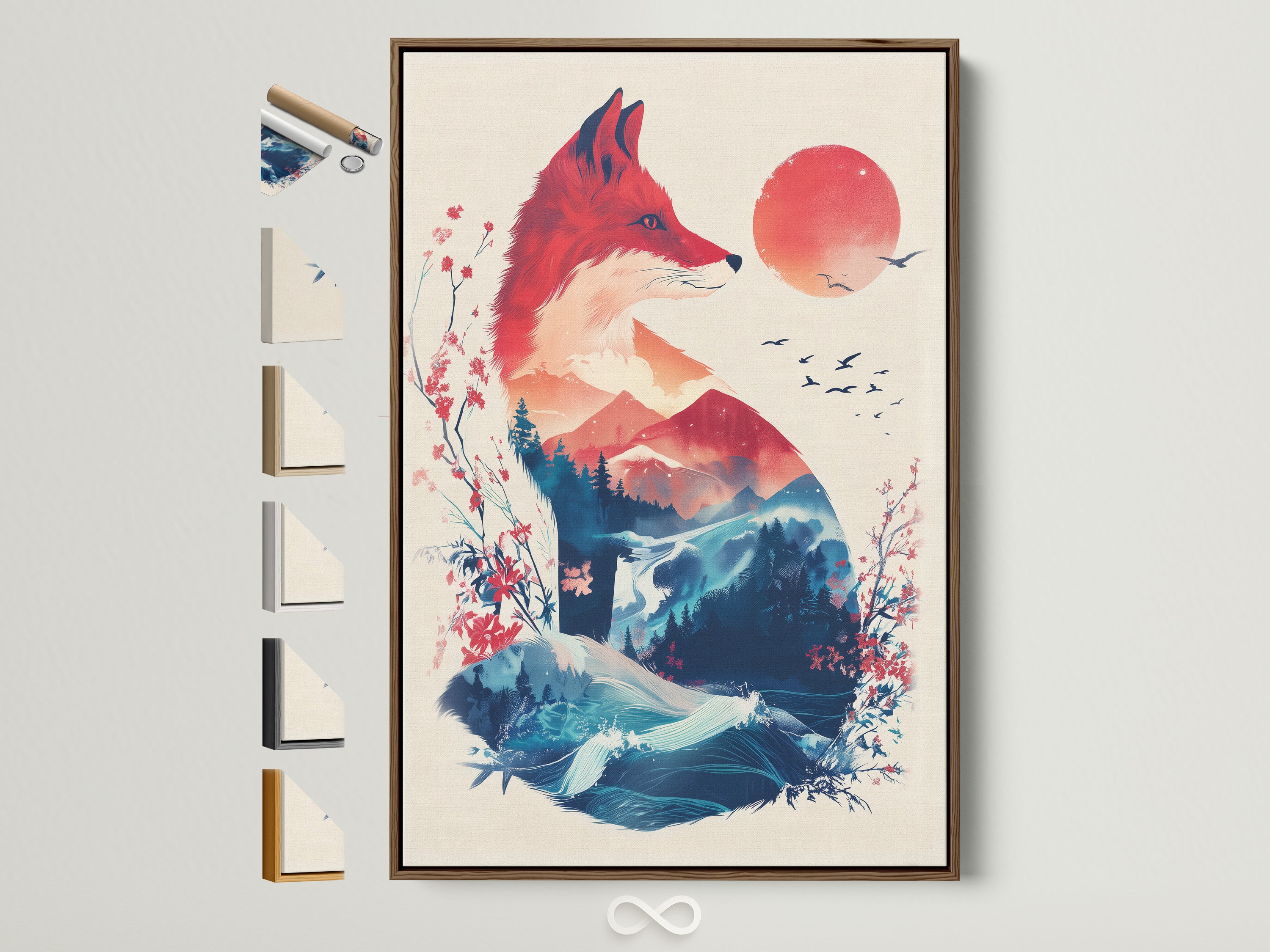 A vibrant fox artwork is displayed in a light brown frame. All frame options are showcased on the side. The art features a fox silhouette filled with mountains and a serene landscape. This framed artwork enhances any room's aesthetic. It offers a unique focal point for your home decor collection.