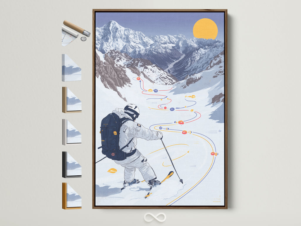 Skiing Mountain canvas print with a brown frame. All frame options are displayed on the side. Winter sport wall art is perfect for chalet decor. The snowy landscape poster adds a modern touch to any room. It's ideal for homeowners renters and business owners seeking elevated Alpine wall decor.