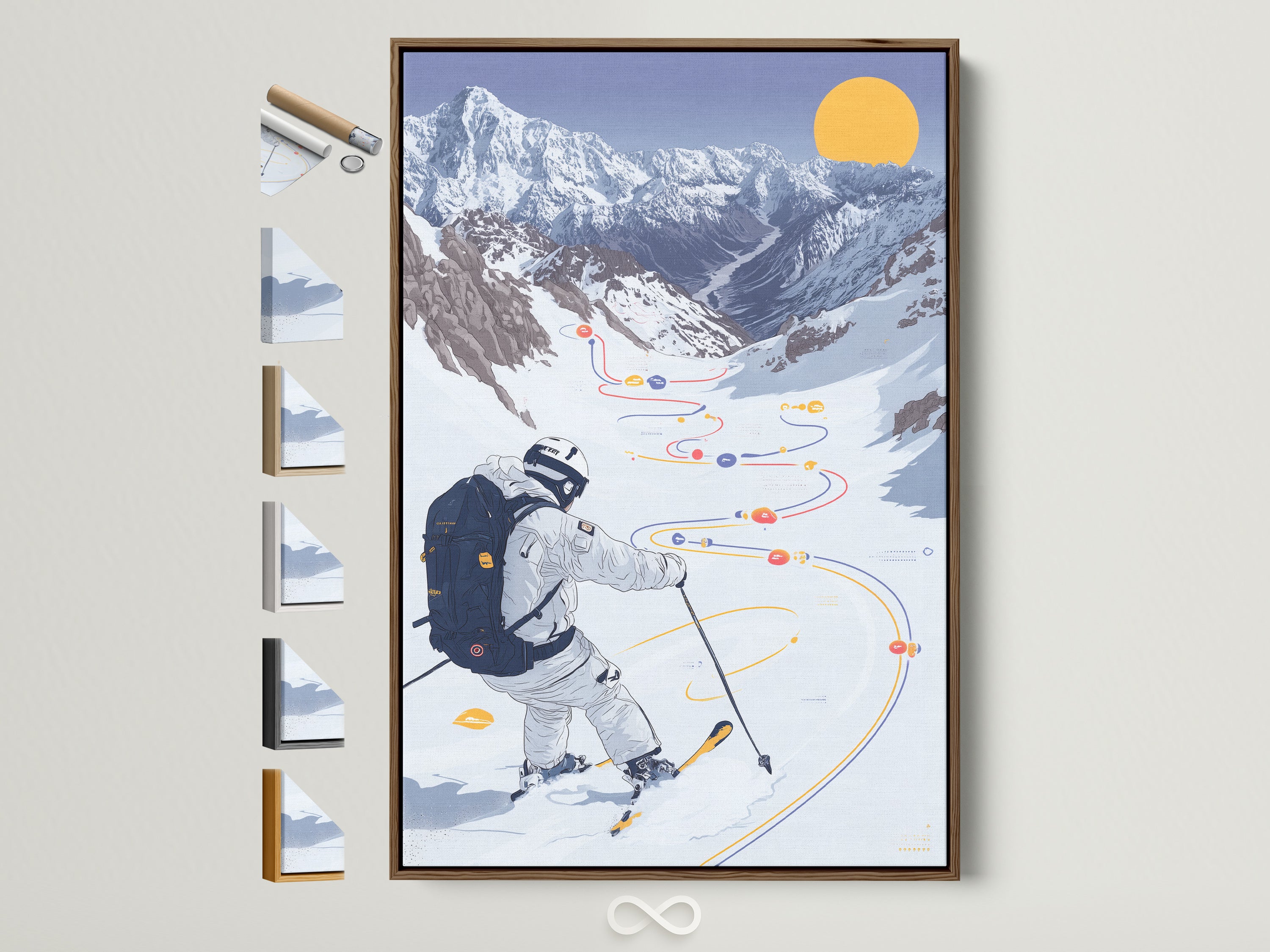 Skiing Mountain canvas print with a brown frame. All frame options are displayed on the side. Winter sport wall art is perfect for chalet decor. The snowy landscape poster adds a modern touch to any room. It's ideal for homeowners renters and business owners seeking elevated Alpine wall decor.