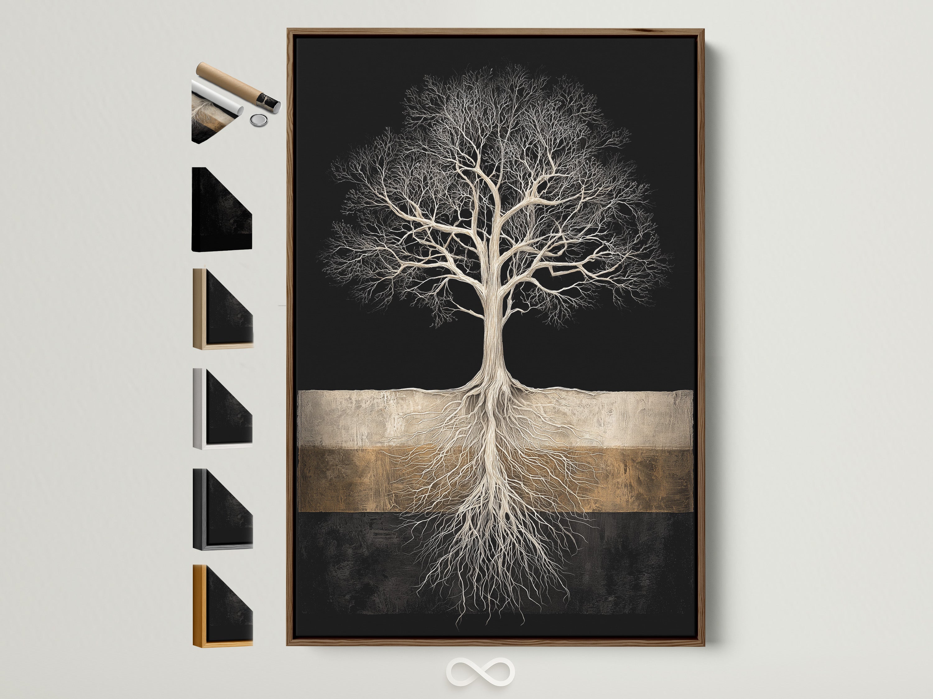 Tree of Life art in a brown frame. See all available frame options. This black and gold wall art is perfect for modern homes. A contemporary nature artwork for any room. This minimalist print adds a spiritual touch.