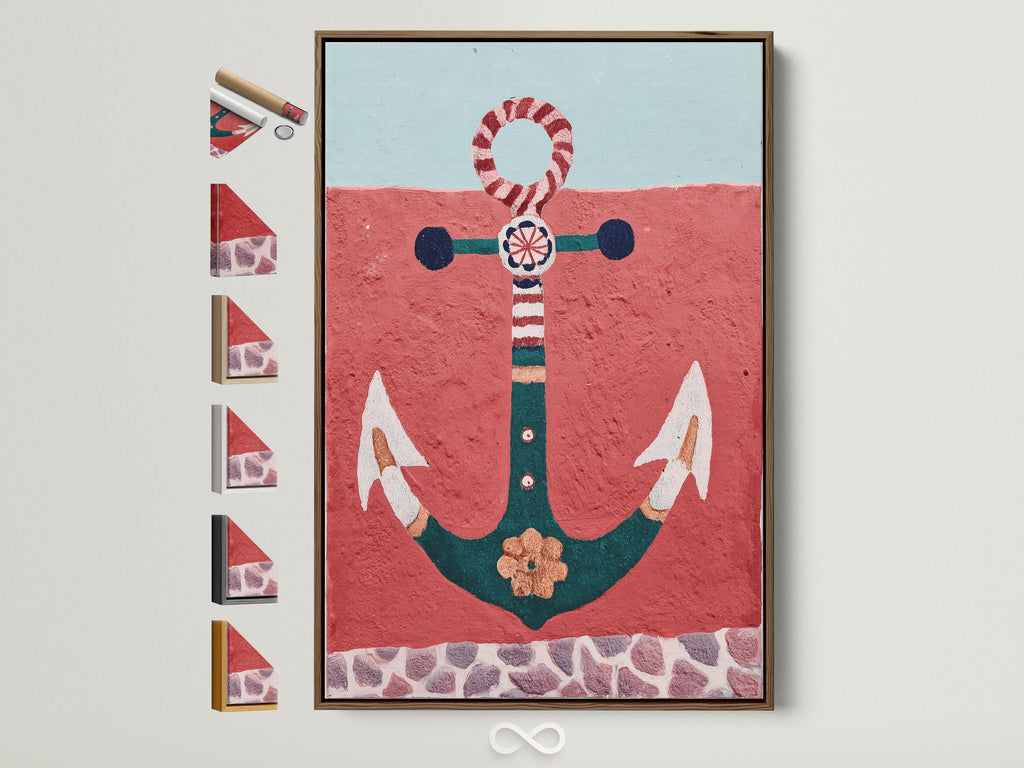 Brown frame showcases a vibrant anchor artwork. This nautical wall art features red and teal hues. All frame options are displayed on the side. Perfect coastal artwork for bathroom or living room. Elevate your seaside decor with this anchor art. Ideal for vacation homes and beach-themed spaces.