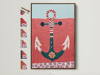 Brown frame showcases a vibrant anchor artwork. This nautical wall art features red and teal hues. All frame options are displayed on the side. Perfect coastal artwork for bathroom or living room. Elevate your seaside decor with this anchor art. Ideal for vacation homes and beach-themed spaces.