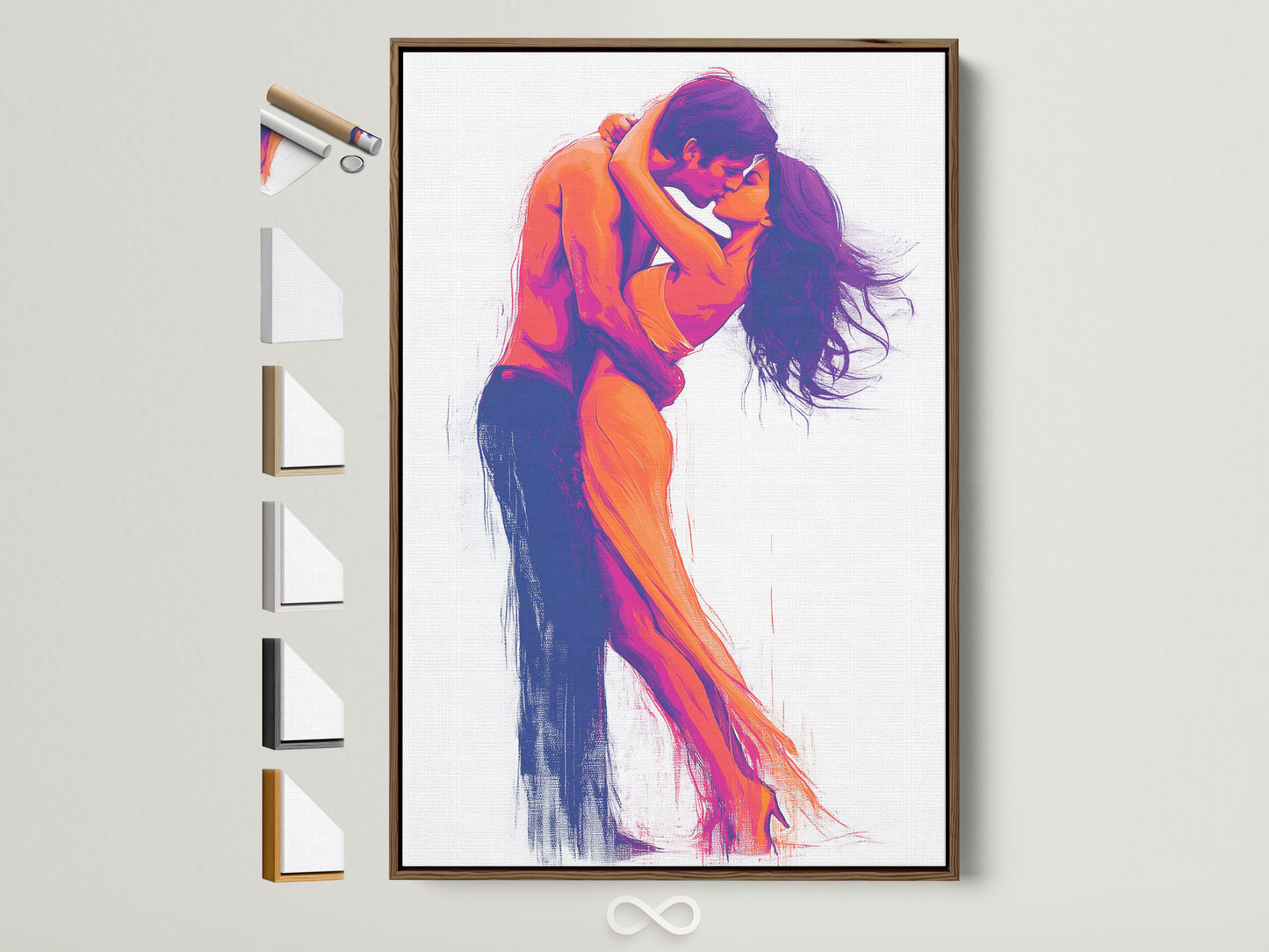Passionate Embrace couple art in a brown frame. This romantic artwork features a couple kissing. It adds a modern touch to bedroom wall decor. Explore frame options to enhance your love wall decor.
