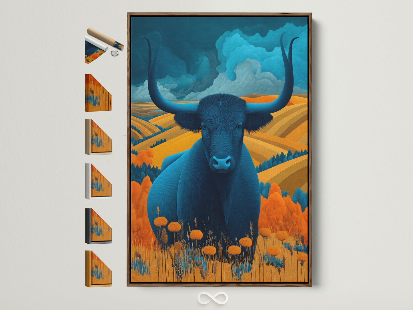 Majestic Bull artwork with a brown frame is displayed. This shows all available frame options. A teal and amber color palette makes this modern farmhouse artwork stand out. Perfect for a study room or any space needing elevated art.