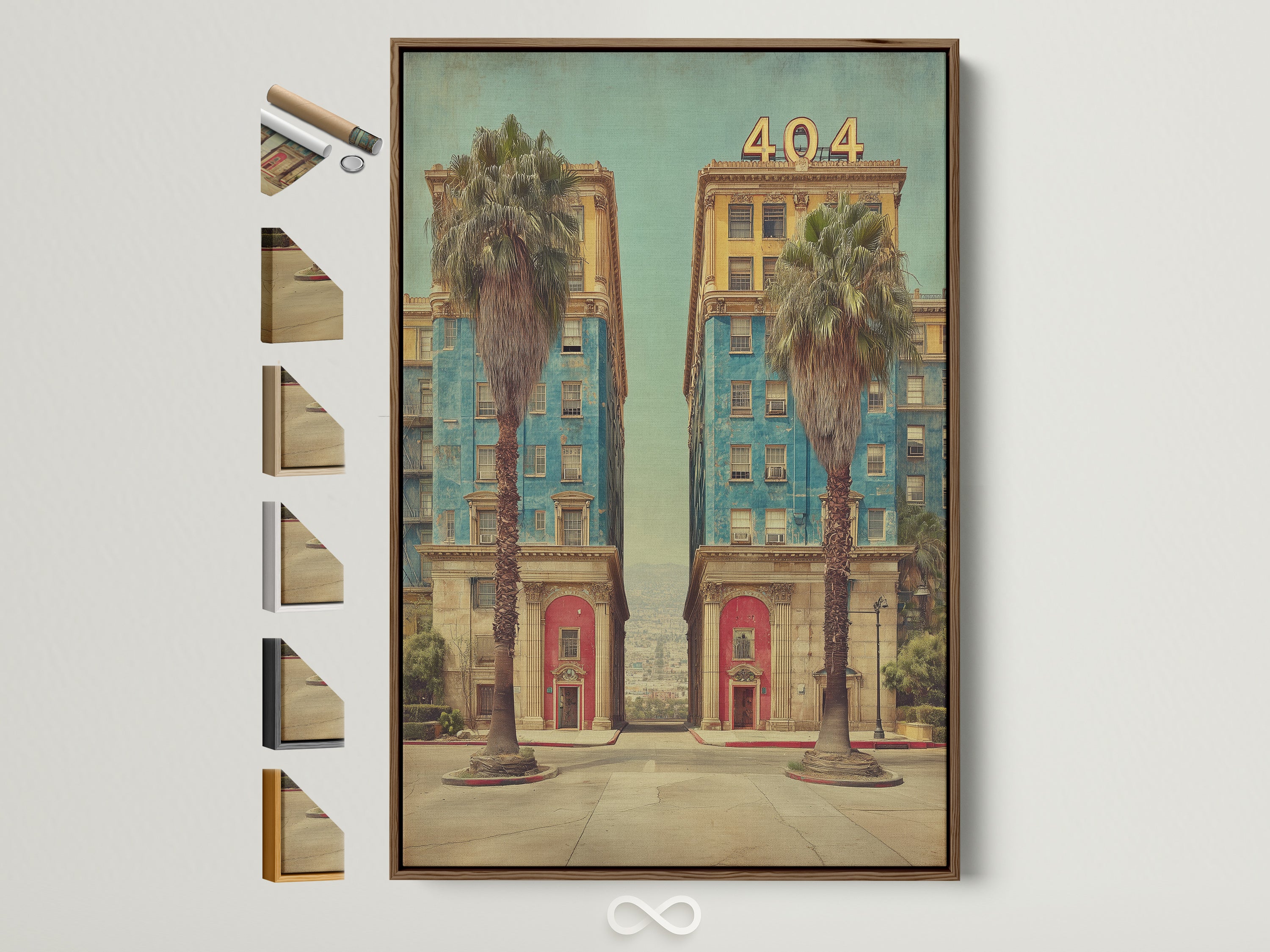 Vintage Hotel Canvas Artwork with Brown Frame. See all frame options available for this art deco print. The brown frame complements the retro architecture and adds warmth. Perfect for mid-century or eclectic decor.