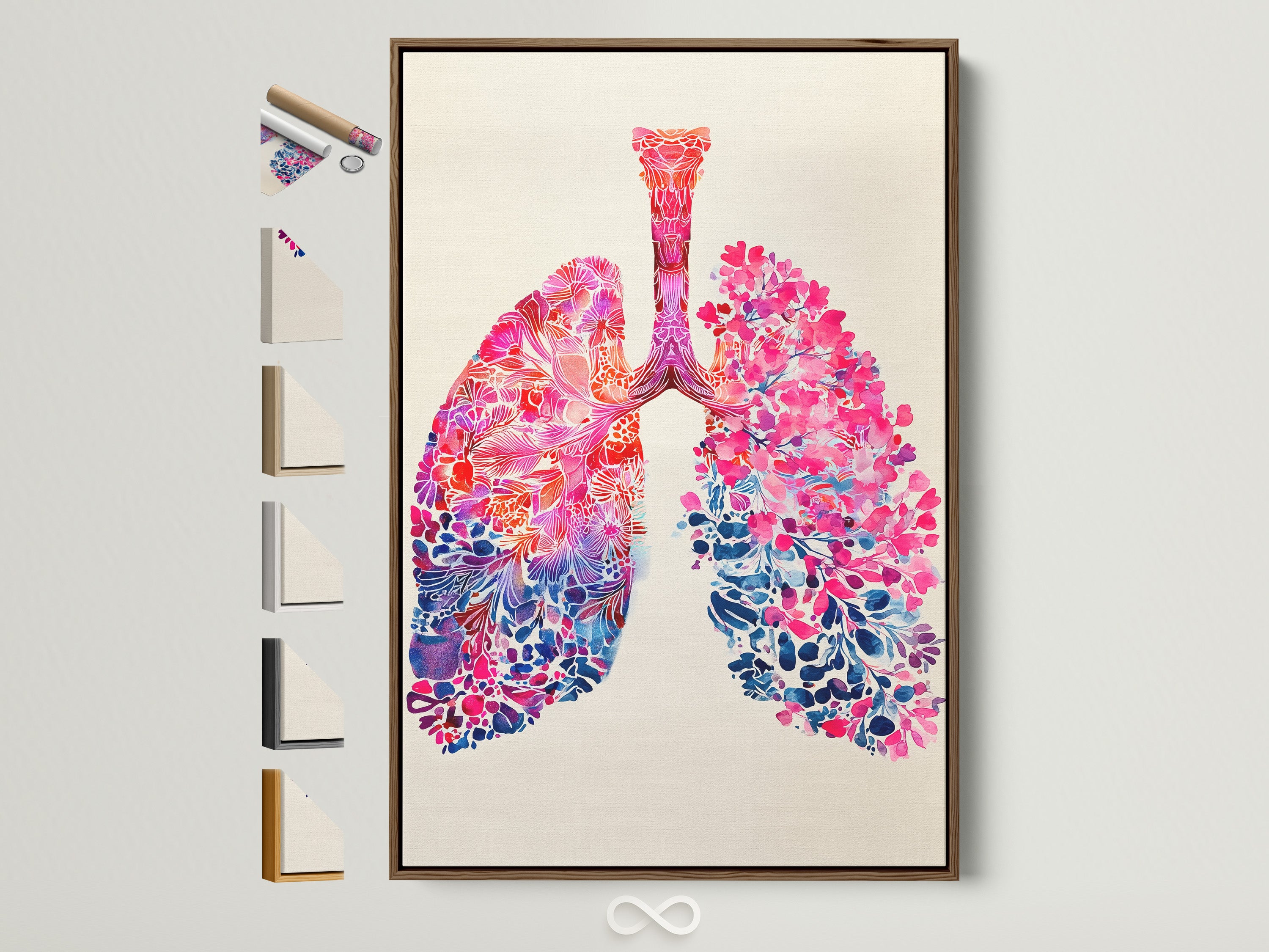 A beautiful lung artwork print is displayed in a brown frame. All frame options are visible on the side. The artwork adds a touch of sophistication. It enhances any room with its unique charm.