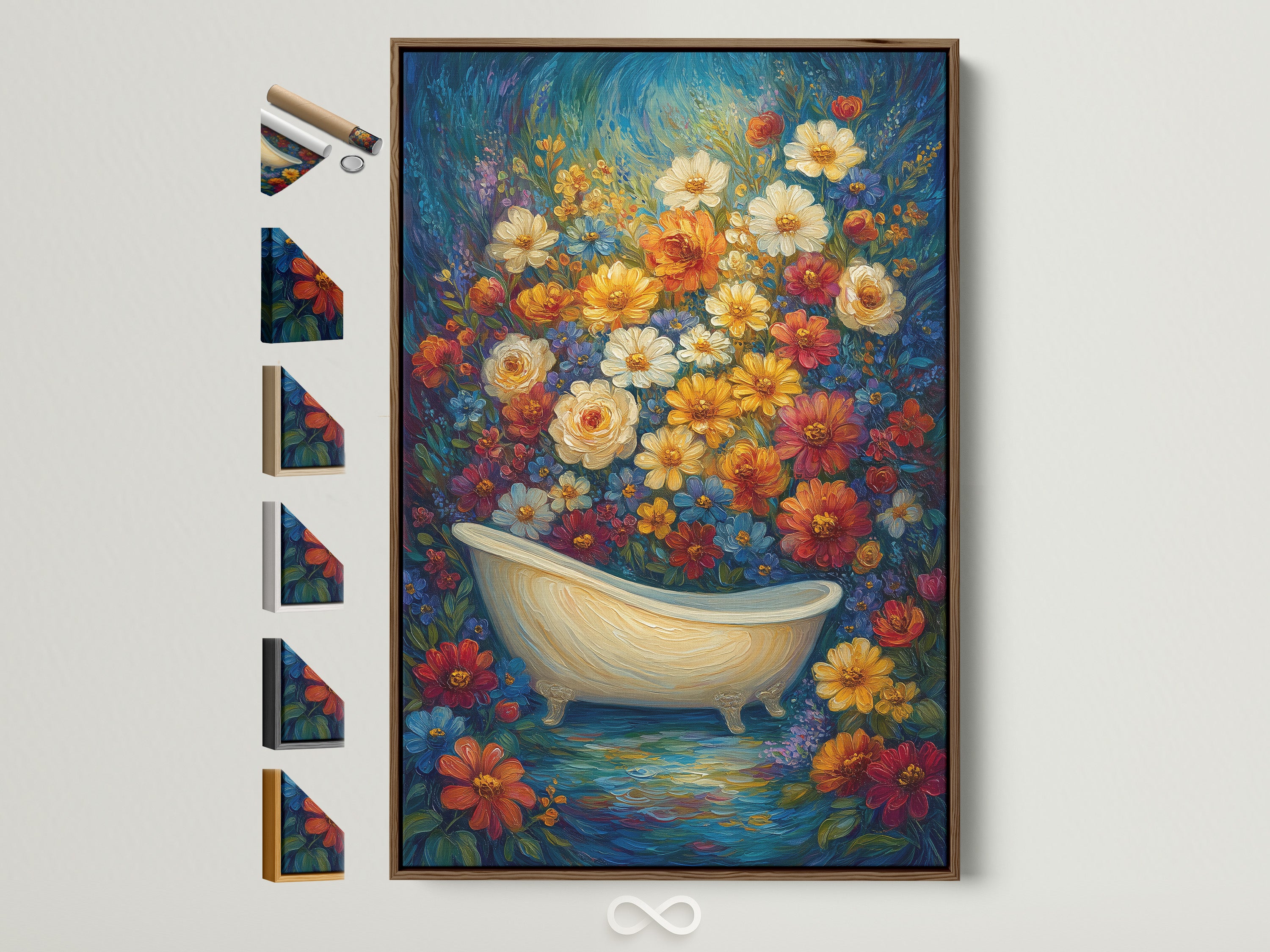A vibrant floral bathtub artwork is displayed in a brown frame. Numerous frame options are showcased beside it. The artwork combines botanical elements with a vintage clawfoot tub. Ideal for adding charm to bathrooms and spa decor. The art style is bohemian and eclectic. The primary color is blue and the secondary color is yellow.