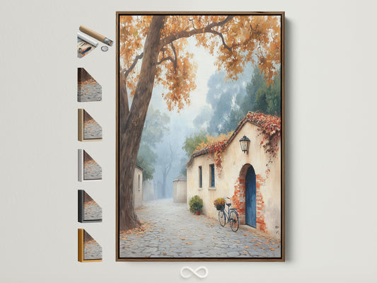 This artwork shows a brown framed Italian Village Canvas Print. This Tuscan Wall Art brings an autumn landscape painting into your home decor. The warm tones and rustic style create a cozy atmosphere. This is a great home decor gift.
