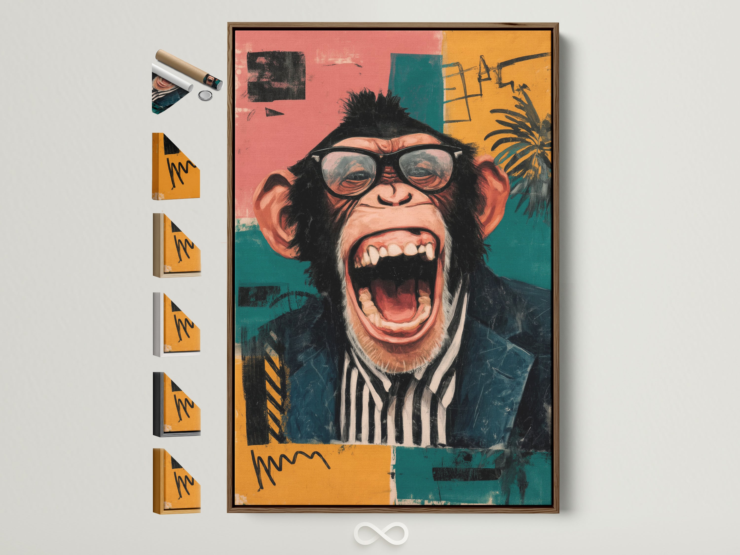 A funny monkey artwork is displayed in a brown frame. This pop art animal wall art features a quirky chimp with glasses. The artwork is a conversation piece. It's perfect for office decor or a home bar. Explore all frame options for this humorous wall art and retro style art.