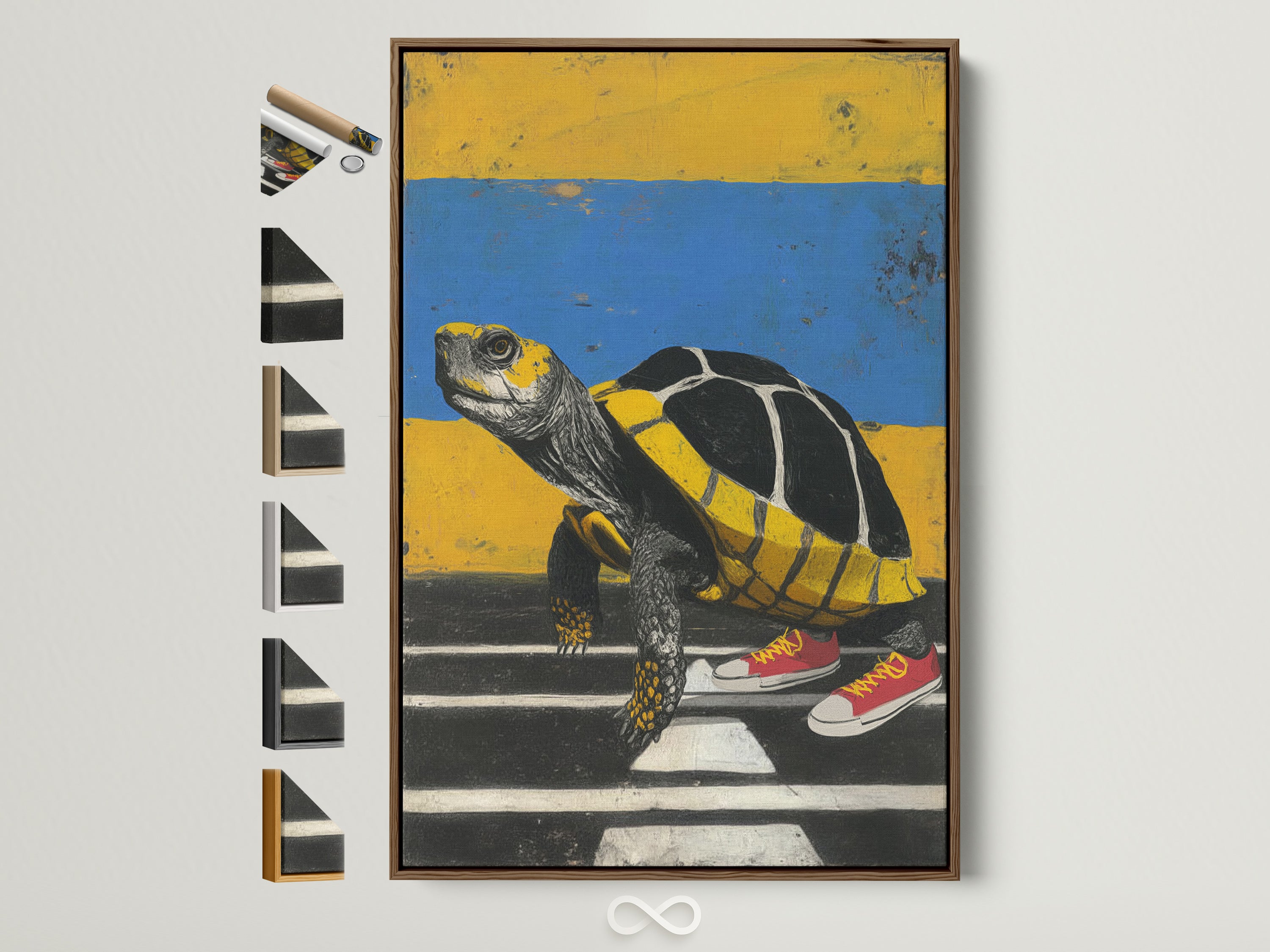Framed turtle art print with a brown frame. The artwork features a turtle wearing red sneakers. Frame options are displayed on the side. This quirky animal wall art adds a unique touch to any room. Perfect for office or study room decor. The primary color is yellow with blue accents.