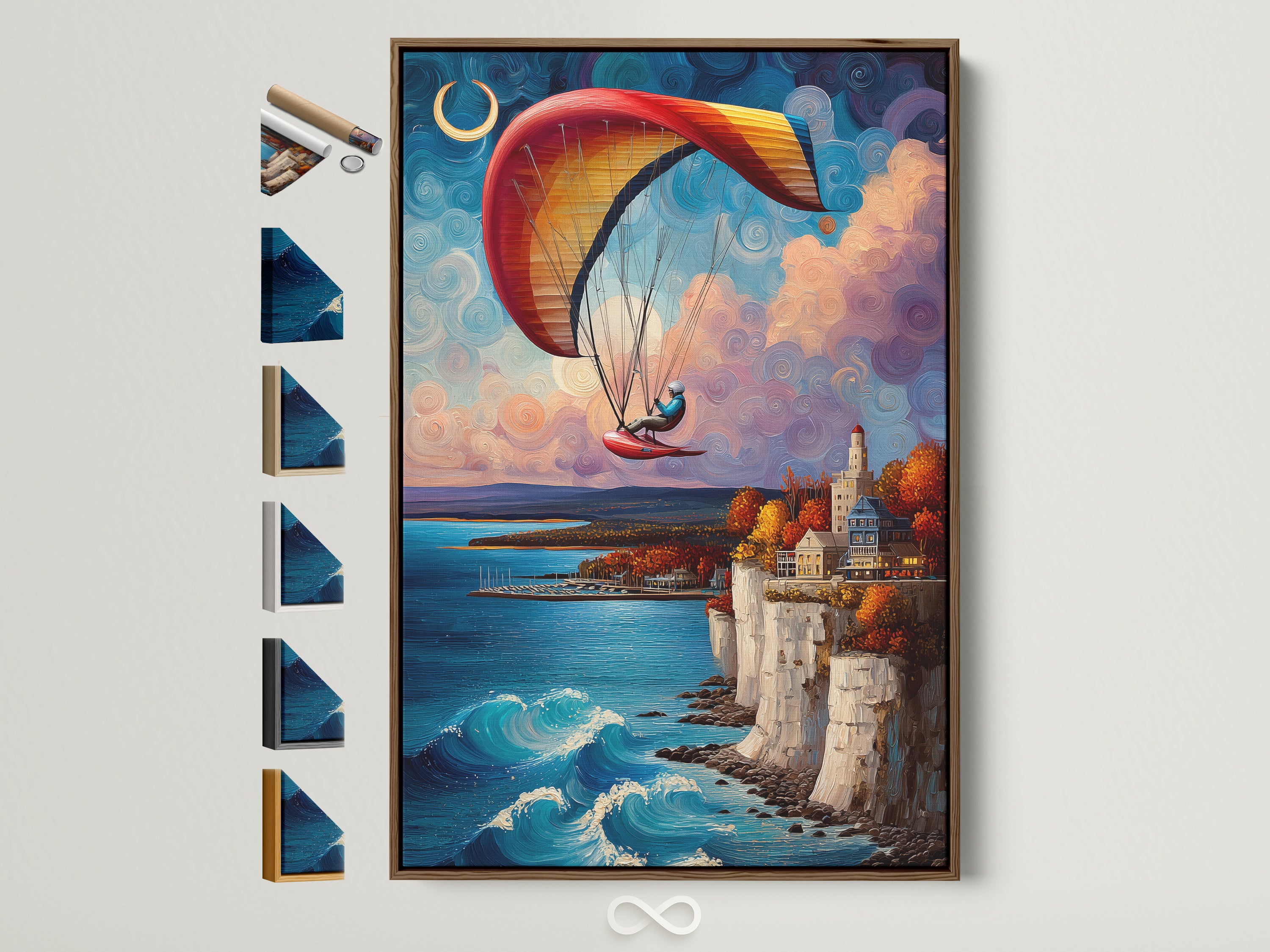 A vibrant paragliding artwork is framed in a natural brown wood. The artwork showcases a coastal scene with blue waters and cliffside houses. All frame options are displayed alongside the framed artwork. It is ideal for adding a touch of coastal charm to any space. The print brings a sense of adventure and whimsy to your walls.