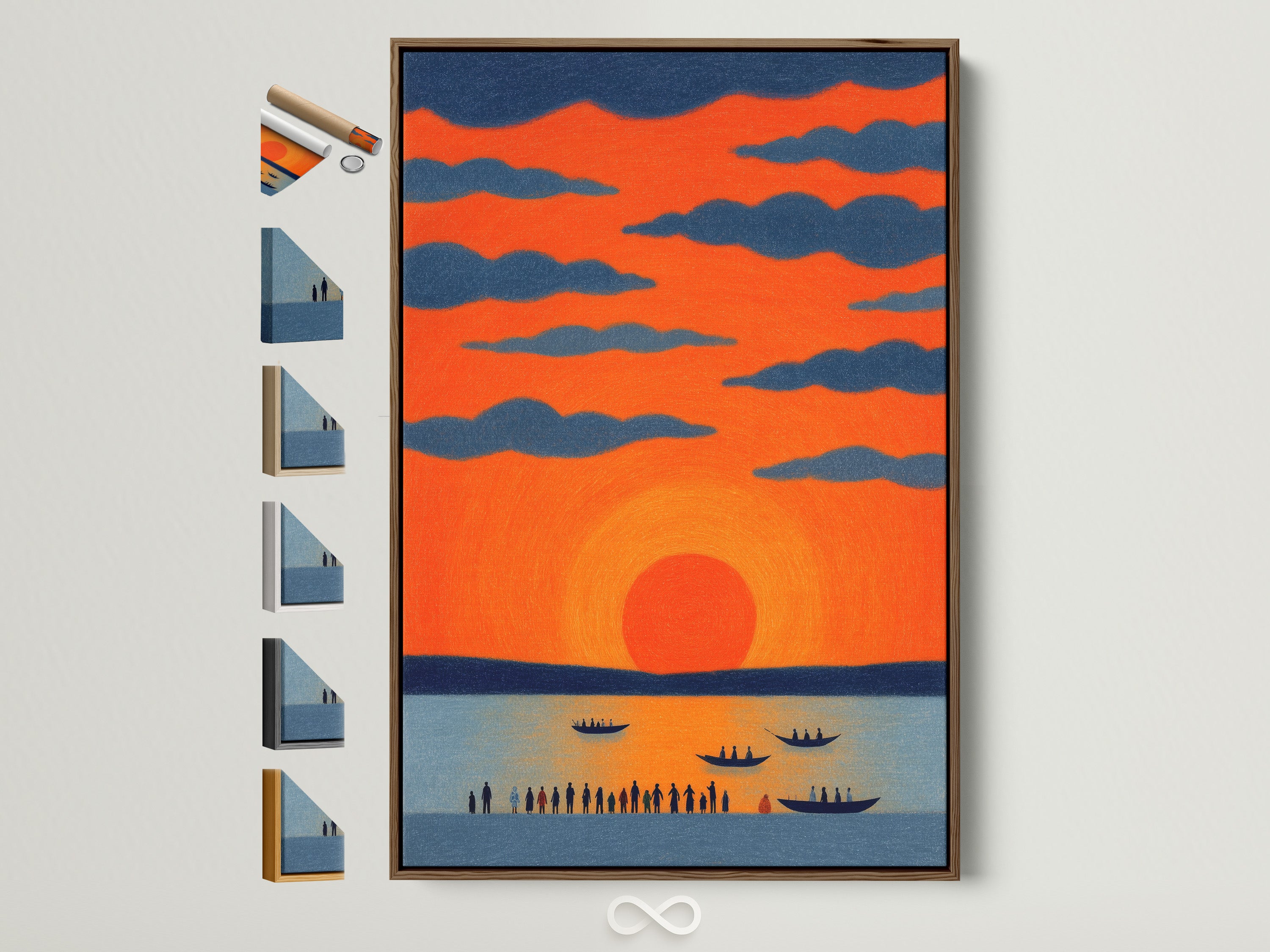 Explore frame options for your sunset seascape artwork. This brown frame is displayed alongside examples in oak white black and gold. Find the perfect frame to complement your coastal art print and home decor.