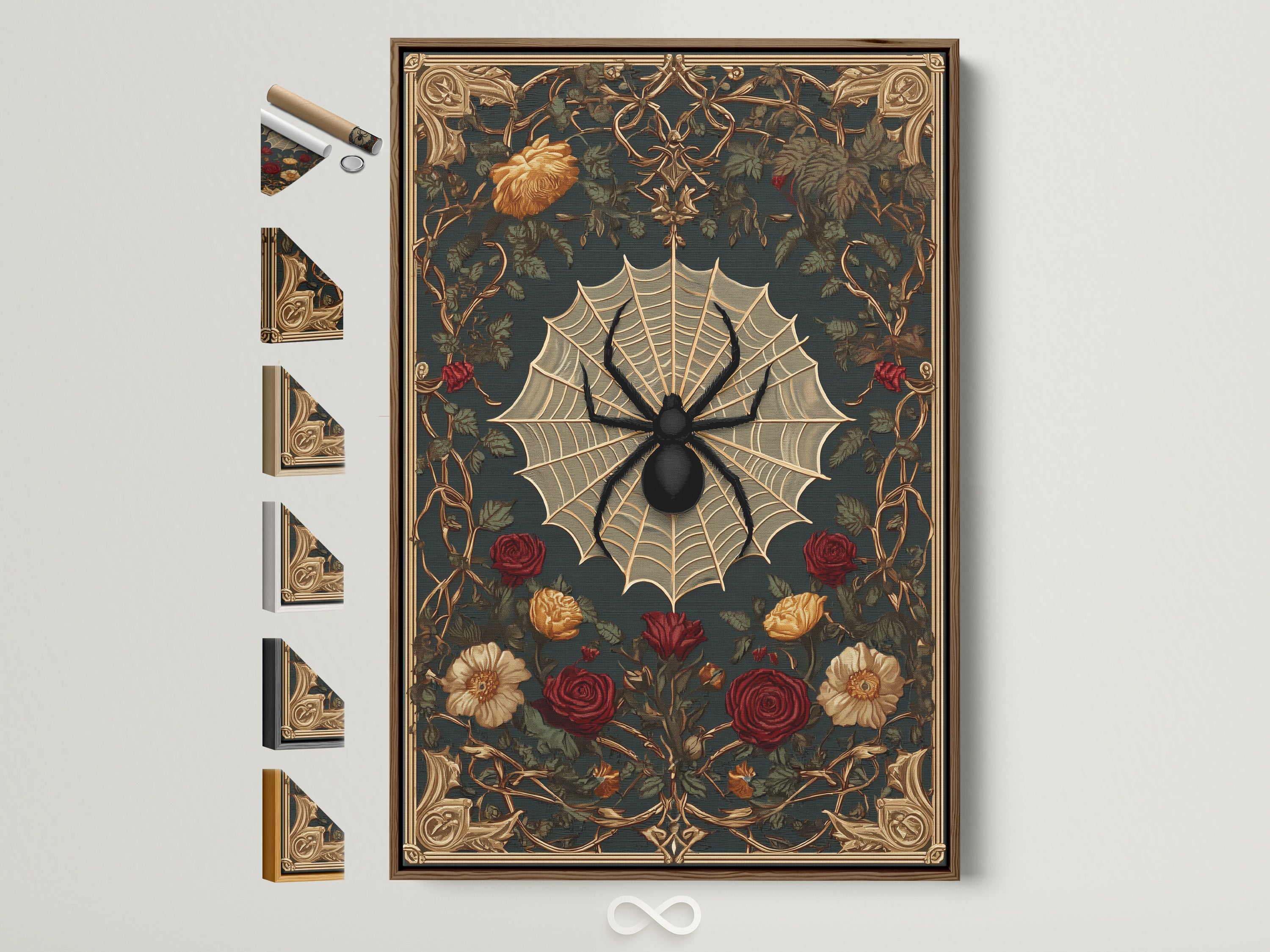 A framed artwork on a white wall. The brown frame enhances the art. The artwork features a spider on a web surrounded by roses. The art piece adds character to the room. Consider this framed art for your home.