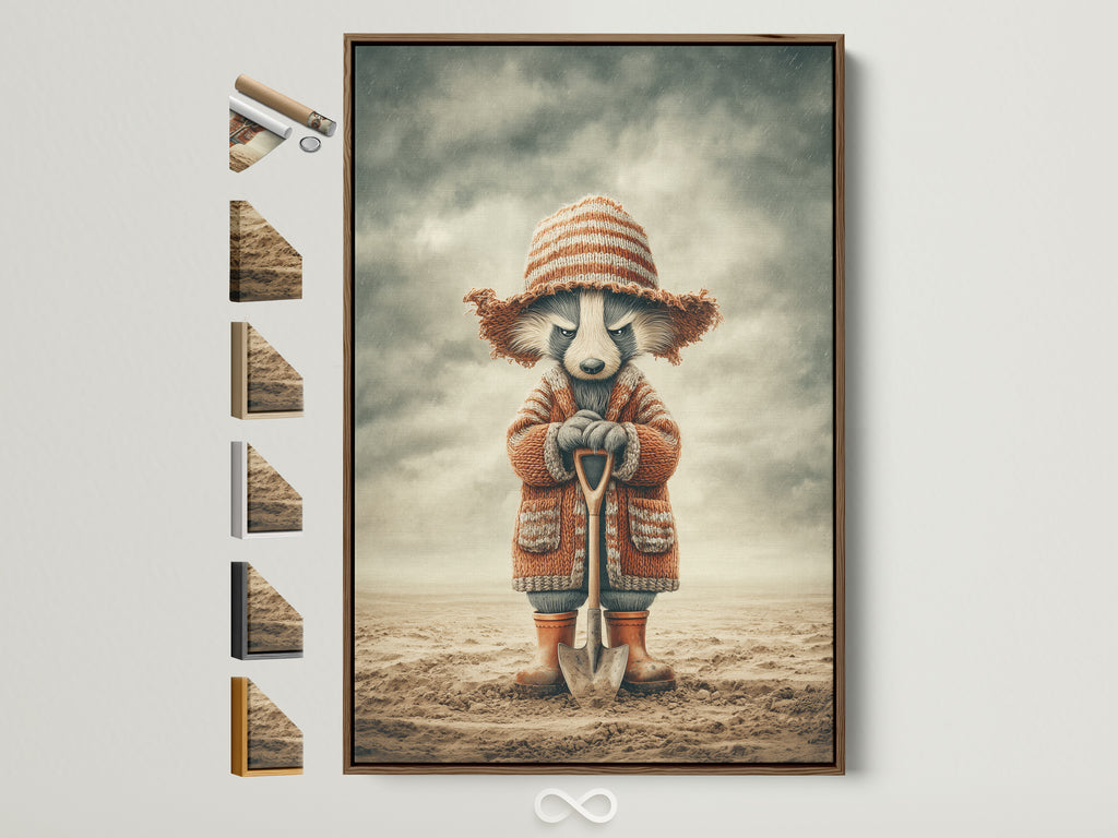 A whimsical raccoon artwork print is displayed in a brown frame. Various frame options are showcased alongside. This vintage animal wall art would make a great addition. Perfect for a cozy woodland nursery or kids room. Elevate your decor with this charming piece.