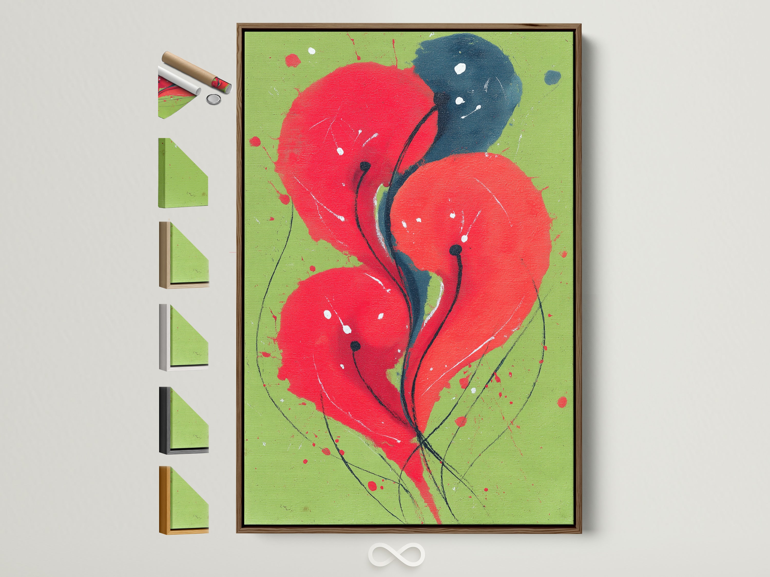 Explore framed abstract floral artwork. The red and blue wall art is on display. It is shown with frame options on the side. Find the perfect frame to match your home decor. Modern botanical art for your living space awaits. This artwork will enhance any room decor.