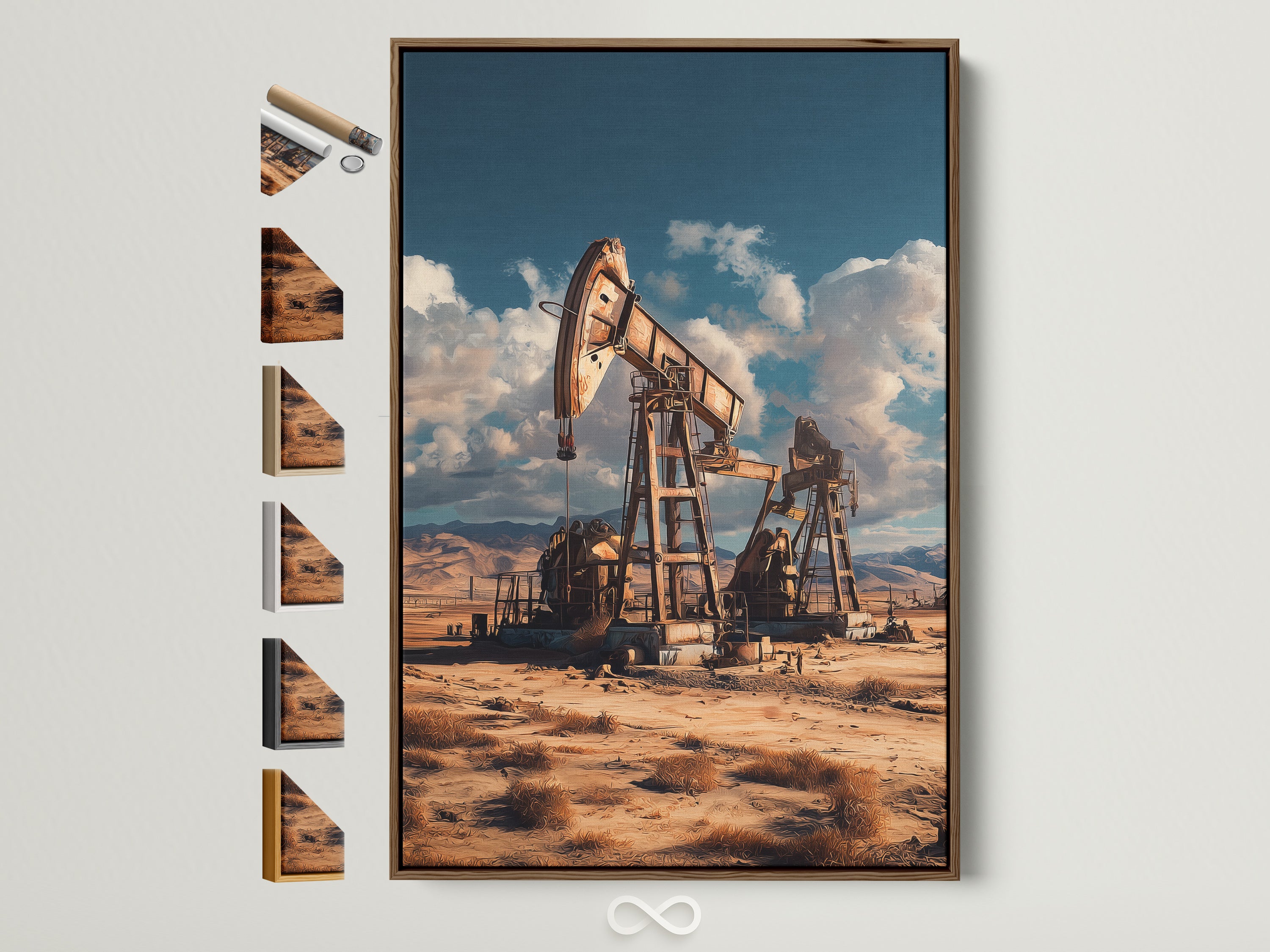 Vintage industrial artwork featuring an oil field scene in a brown frame. This desert landscape wall art captures a rustic pump jack against a blue sky. Explore frame options to enhance this unique piece. Perfect for office decor or a man cave vintage touch.
