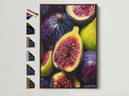 Framed art piece featuring a fig still life is displayed. It has a brown frame. View all frame colors and styles to find the perfect complement to your artwork. Find the ideal frame to enhance your living space.