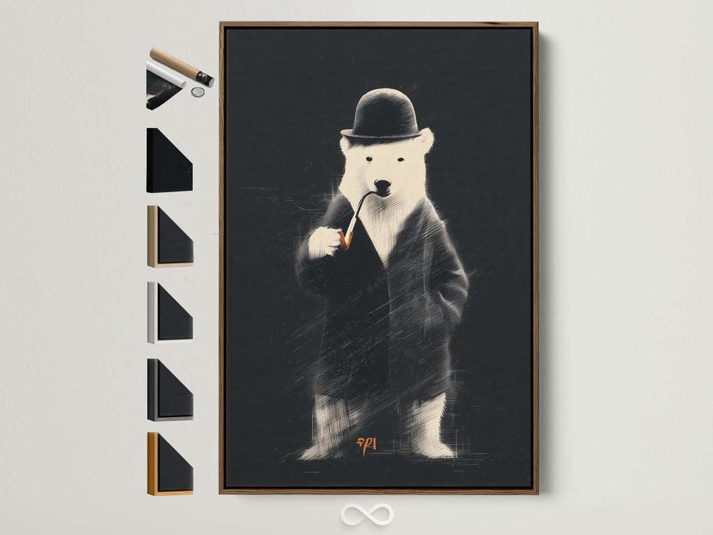 A framed artwork featuring a bear in a suit is displayed. The artwork is framed in a brown wooden frame. Various frame options are showcased on the side. This image highlights framing choices for art.
