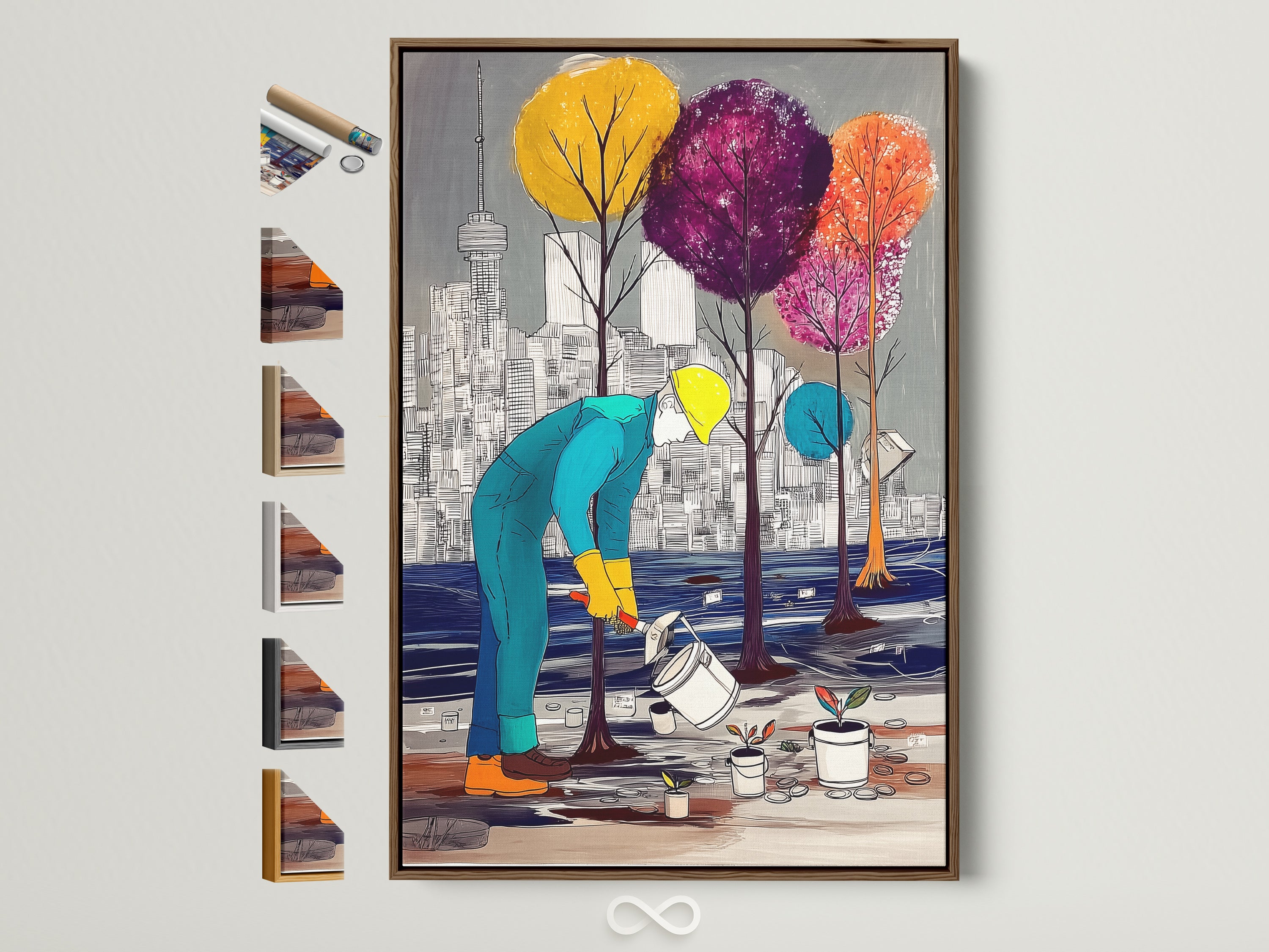 City Gardener Canvas Print with a brown frame is showcased. The artwork features an urban landscape scene. A figure tends to colorful trees against a cityscape backdrop. Explore modern colorful trees artwork for unique office decor. Consider cityscape art to elevate your space.