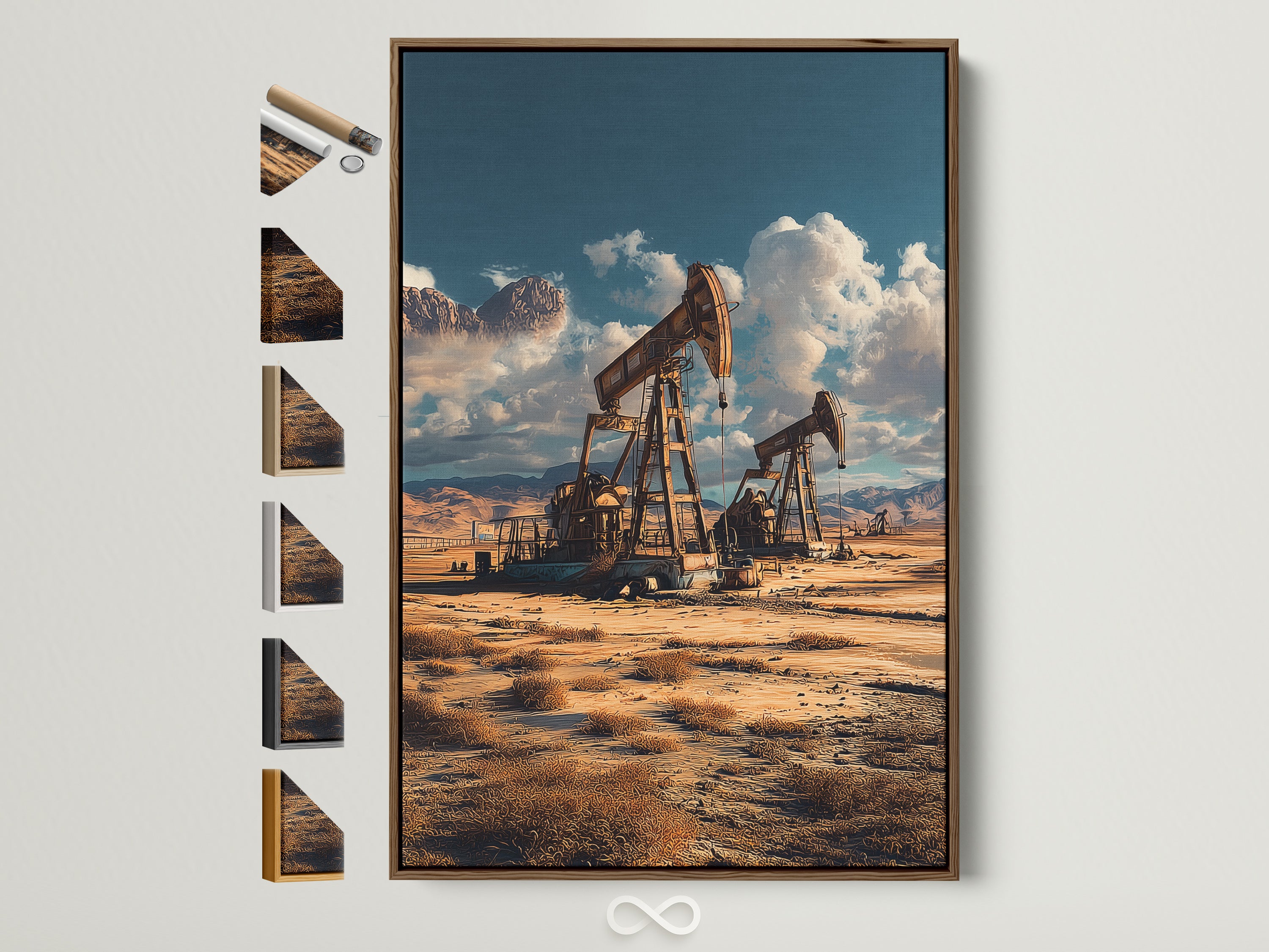 Oil field artwork with a brown frame. This vintage industrial wall art features desert landscape. Various frame options are displayed. Perfect masculine decor for offices and studies.