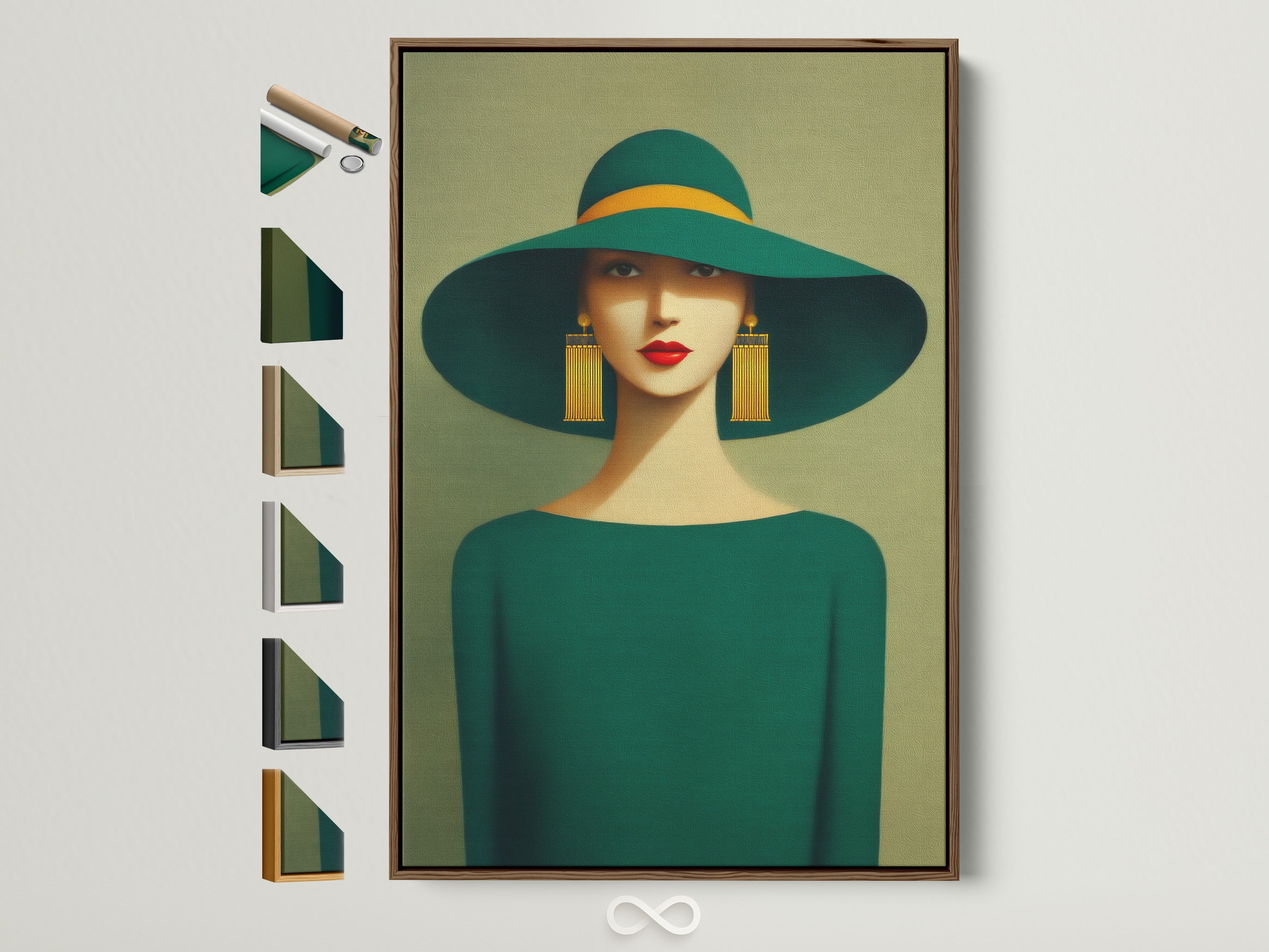 Elegant woman portrait artwork with an emerald green hat and gold earrings is displayed. The artwork is framed with a brown frame. Various frame options are showcased along the side. Perfect wall art for retro art deco or contemporary aesthetics.
