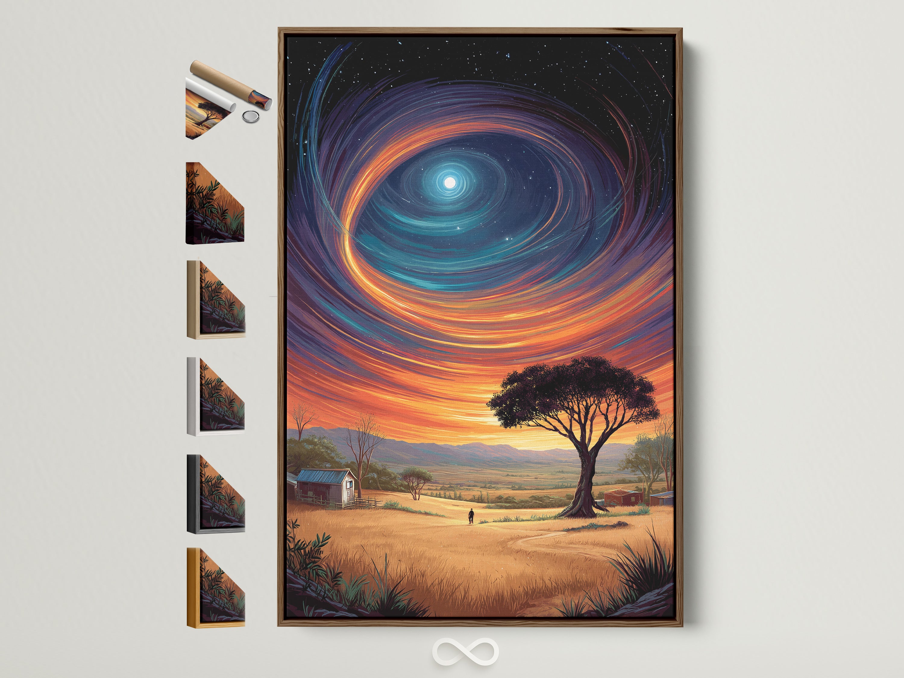 A surreal landscape canvas print is displayed in a brown frame. The artwork shows a celestial sky with orange and teal hues. Frame options are visible on the side. Perfect wall art for eclectic styles.