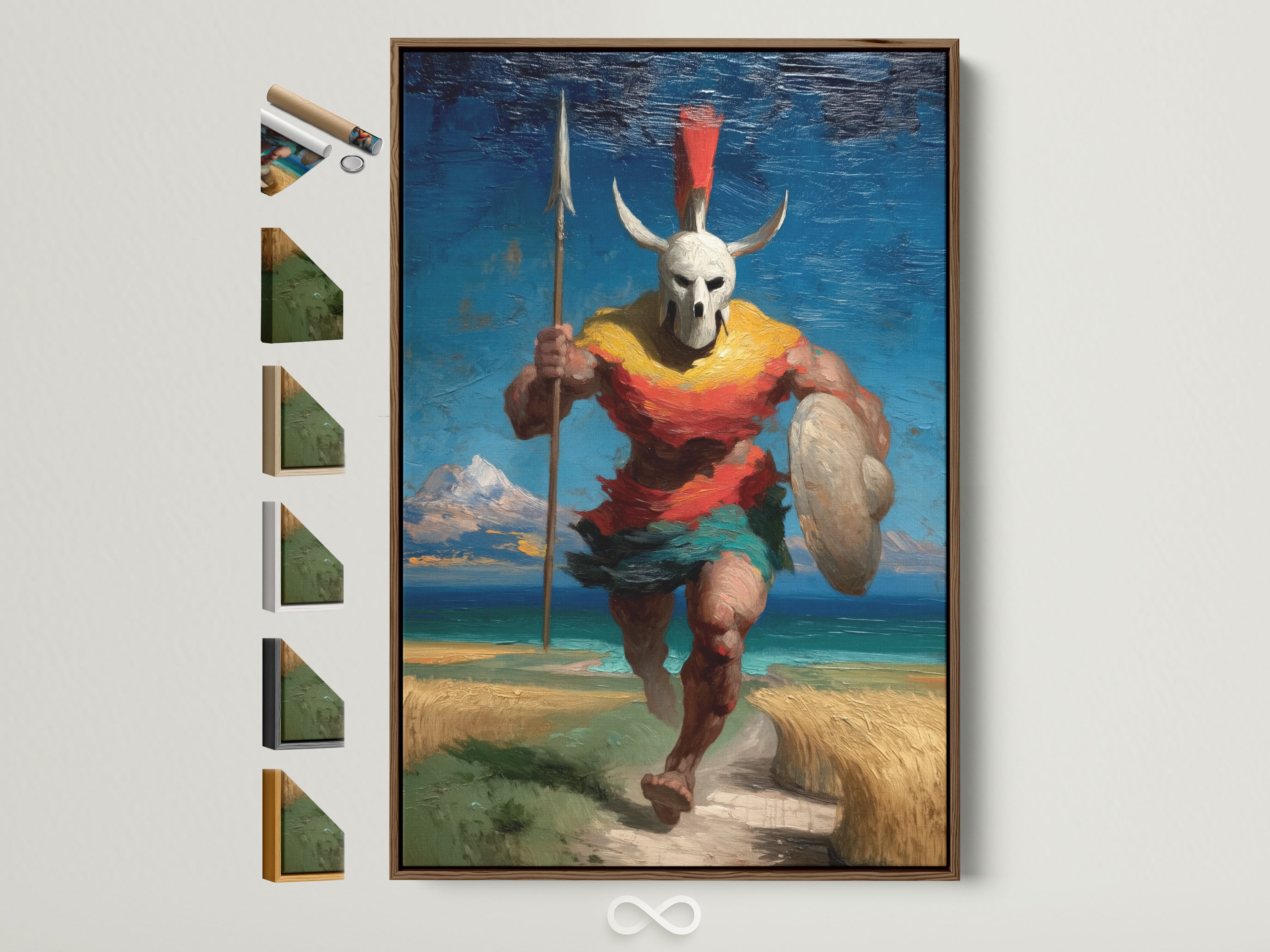 A tribal warrior canvas print is displayed in a brown frame. See the different frame options for this fantasy artwork. The ancient soldier artwork is great game room wall decor.