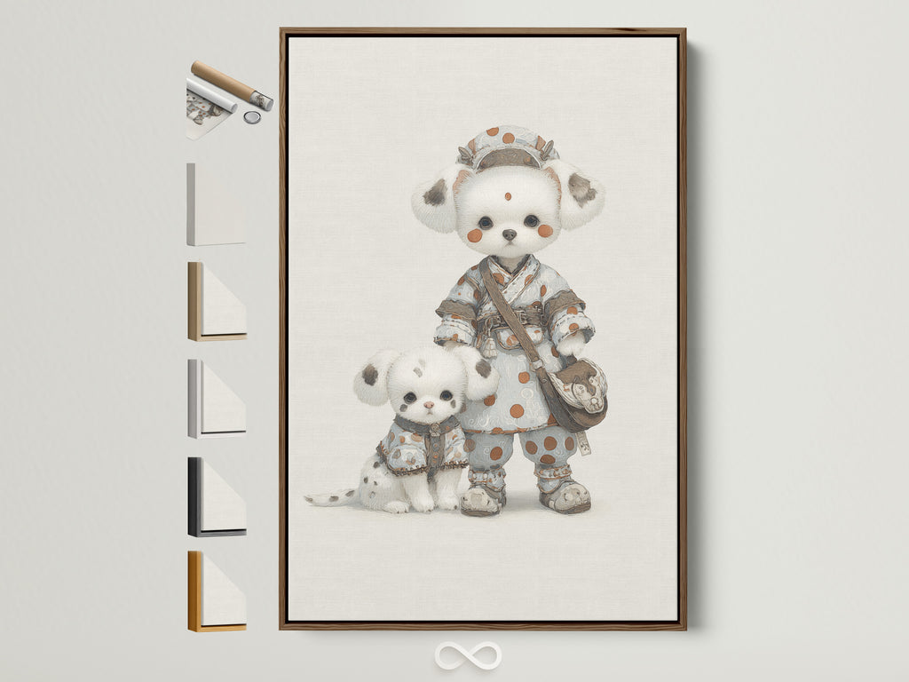 Charming Panda art print in a brown frame. This kawaii animal wall art is perfect for a nursery. The artwork shows available frame options. See all framing options for your cute animal print. Find the perfect frame to match your baby room decor.