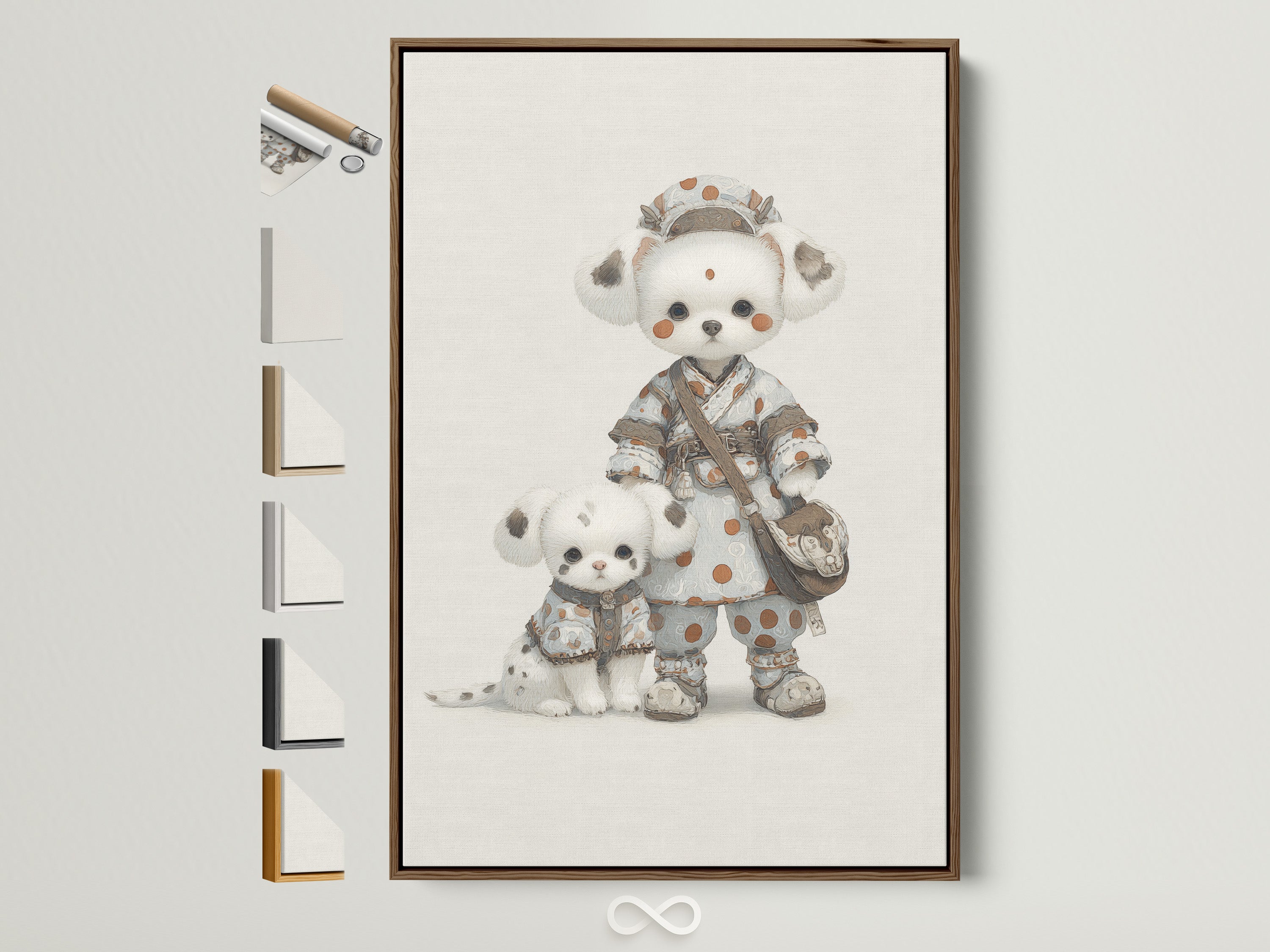 Charming Panda art print in a brown frame. This kawaii animal wall art is perfect for a nursery. The artwork shows available frame options. See all framing options for your cute animal print. Find the perfect frame to match your baby room decor.