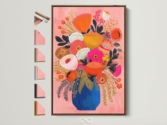 Floral artwork in a brown frame hangs on a white wall. The frame has a natural wood grain. See all frame options available. This artwork adds a touch of elegance to any space. Consider framed art for your home decor needs. Enhance your living room with framed art.