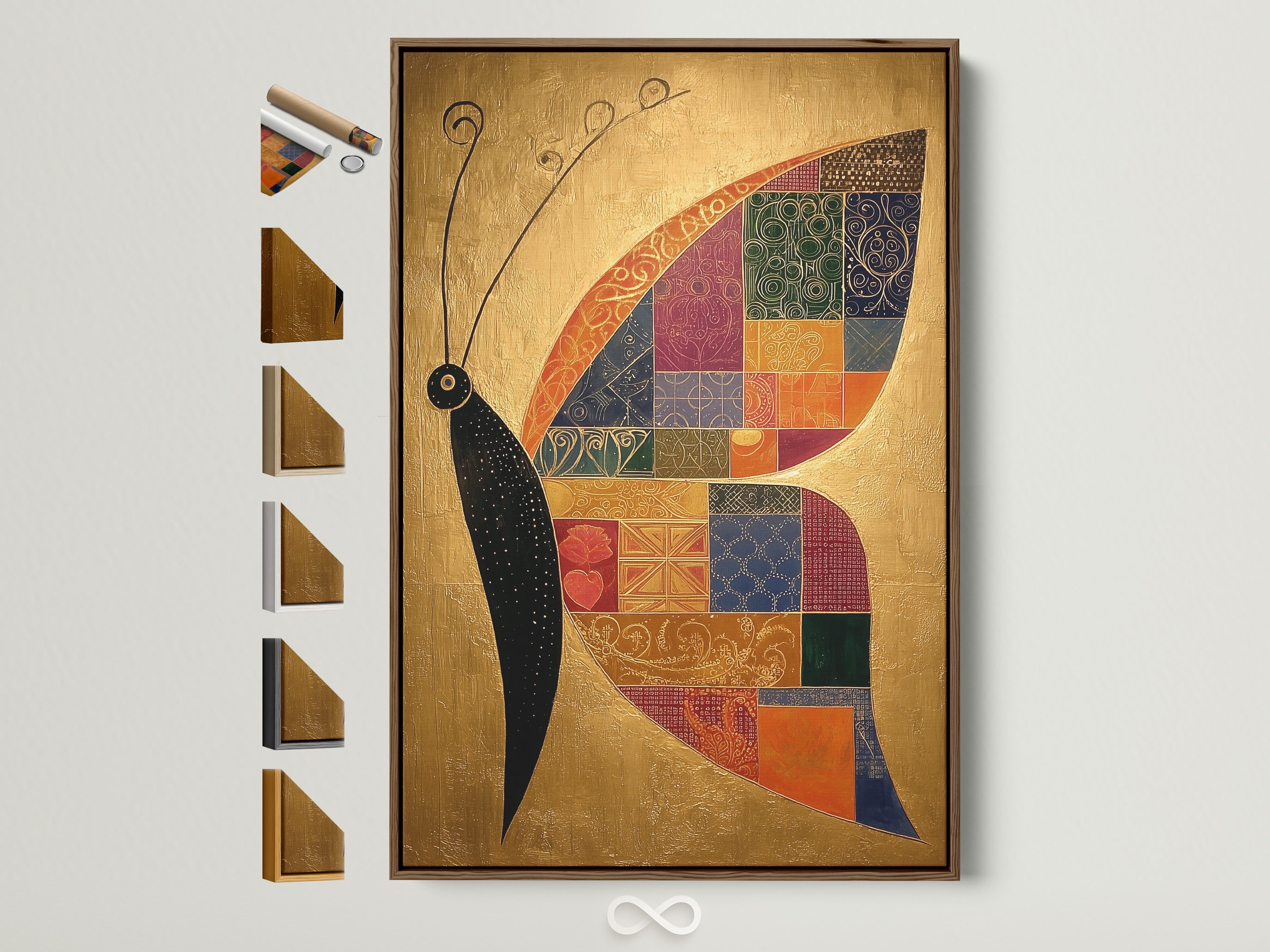 Artwork with a brown frame is displayed. All frame options are presented on the side. This is a great way to visualize different framing choices. Find the perfect frame to complement your art. Explore our range of framing styles today