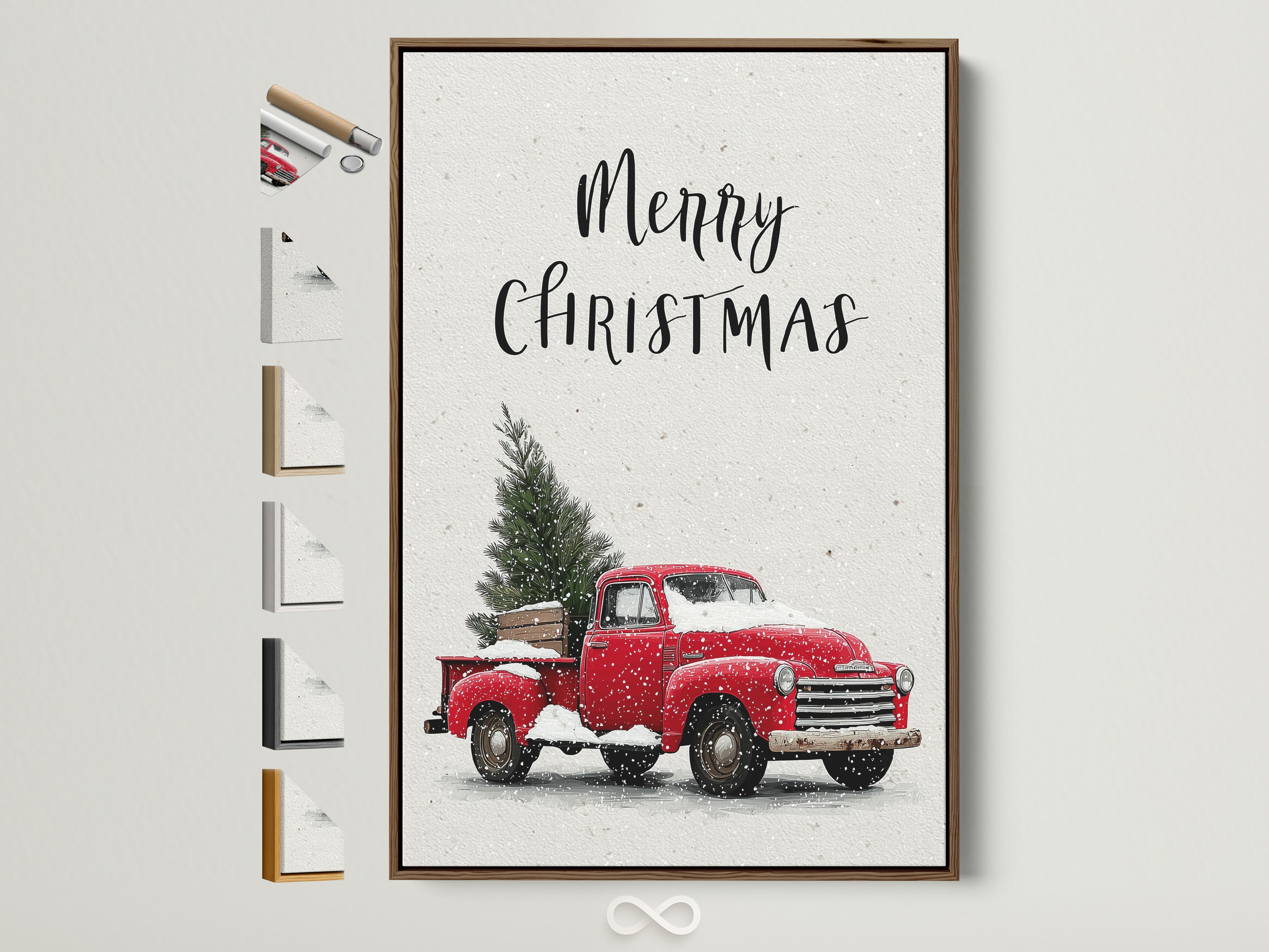 Artwork featuring a brown frame with various frame options displayed. The artwork showcases a Christmas scene. A red truck is carrying a Christmas tree covered in snow. This art is perfect for seasonal home decor. Consider all framing options for a personalized touch.