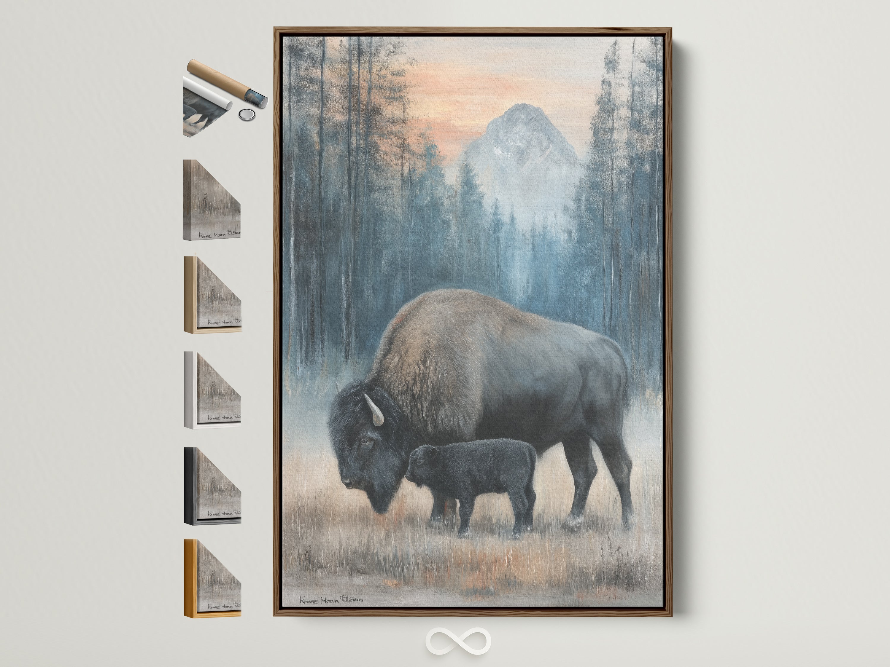 Bison Mother and Calf art in a brown frame. This wildlife canvas brings rustic charm to any room. See the frame options available. Perfect for cabin decor or animal wall art.